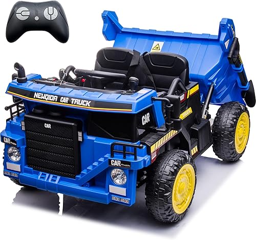 Miniatura 14 de NEWQIDA Camión volcador de 24V para niños, coche eléctrico con control remoto, vehículos de construcción con cama basculante eléctrica, pala, 2 Azul