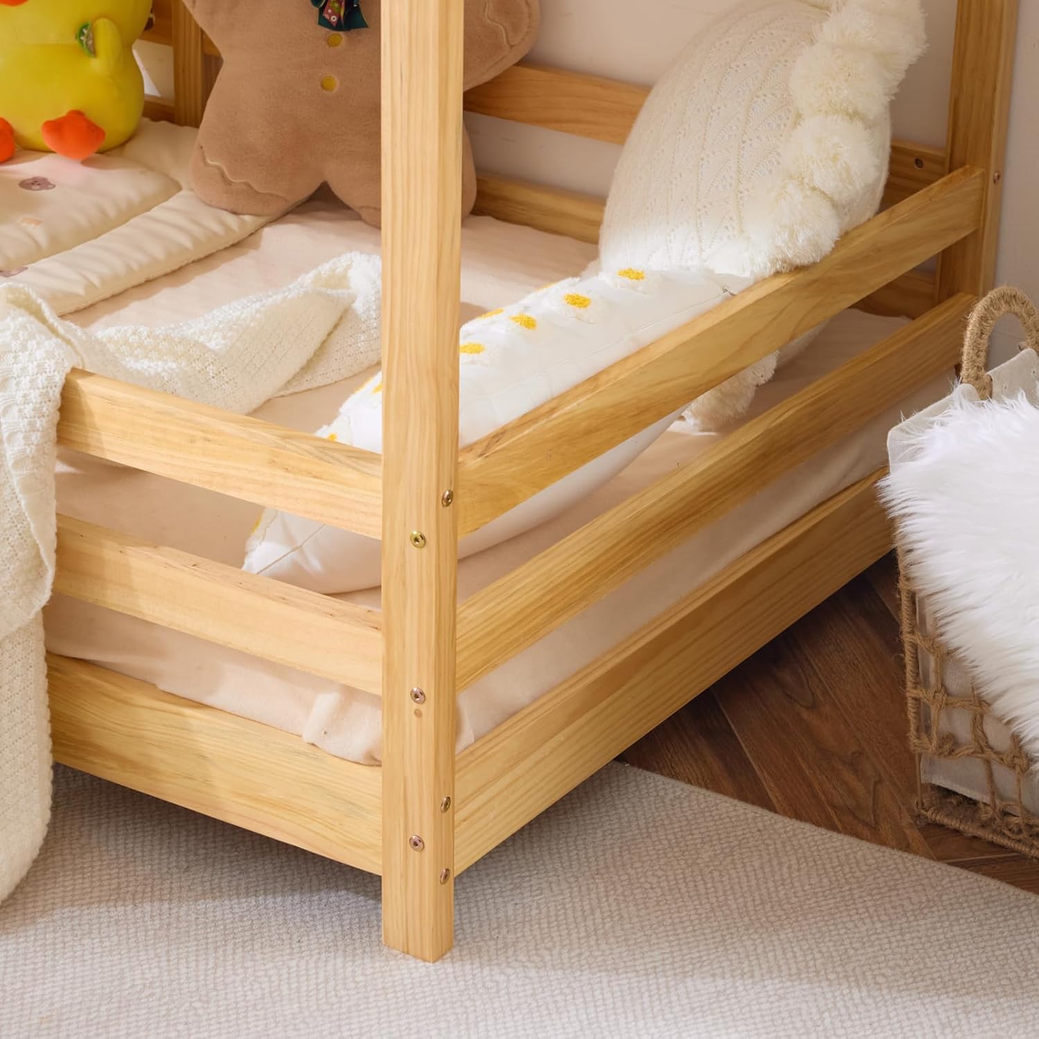 LEADZM Lit cabane Enfant 90x190 cm avec baldaquin en Tissu, sommier à Lattes, barrières de sécurité Enfant Bois en pin Forme de Maison Lit au Sol Montessori (Naturel)