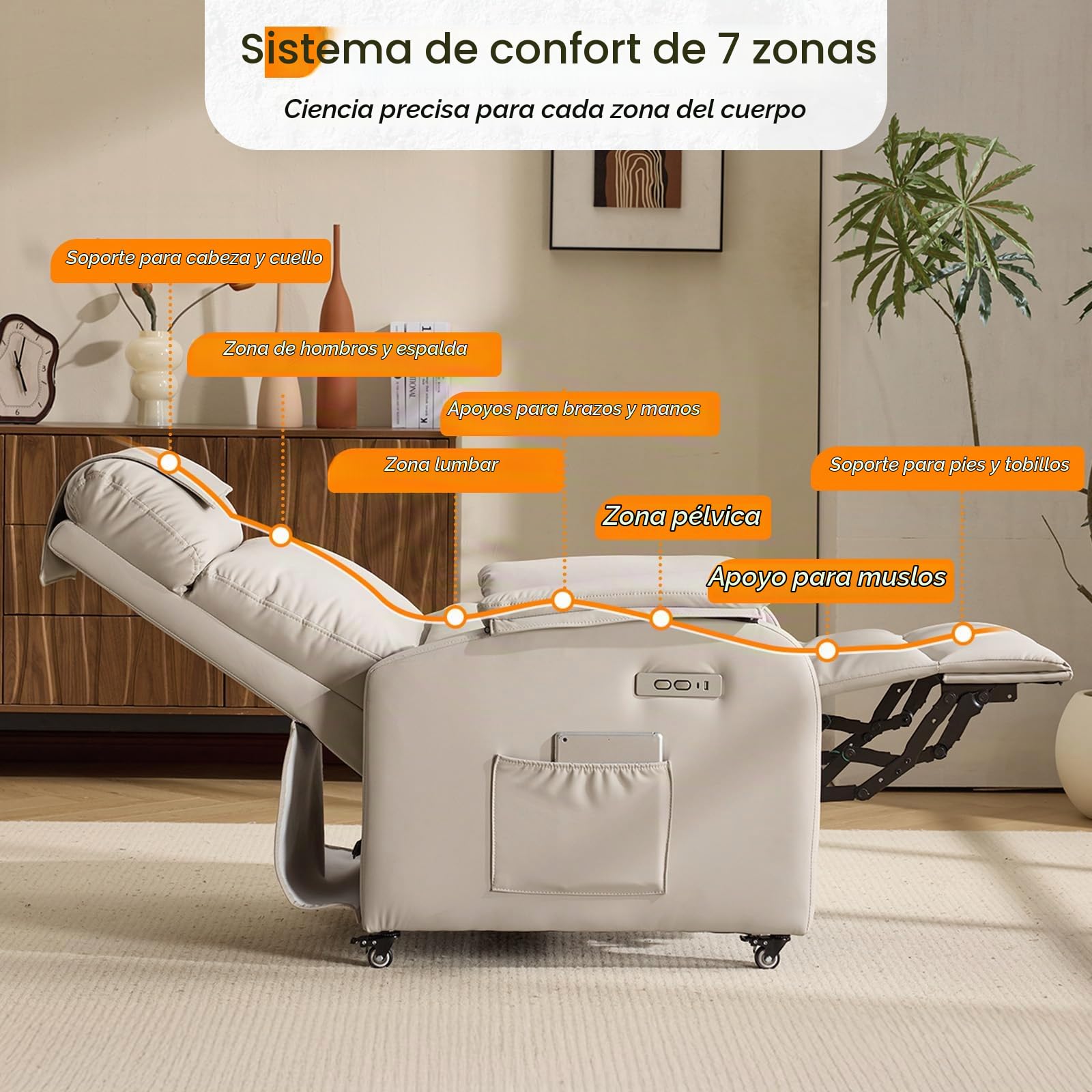 Bonnlo Sillón de relax, sillón de televisión, sillón de masaje eléctrico con función reclinable, sillón de TV, masaje de 2 puntos y función de calor, puertos USB-C y USB-A, 1 bolsillo lateral, piel