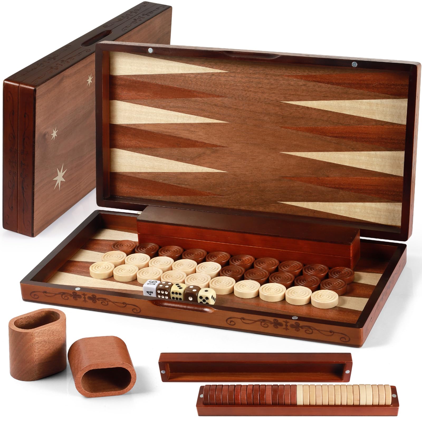 Lussuoso set da backgammon in legno fatto a mano - grande tavola da viaggio pieghevole da 16'' (40,6 cm) con pezzi di grandi dimensioni e scatola portaoggetti, gioco di strategia premium per due