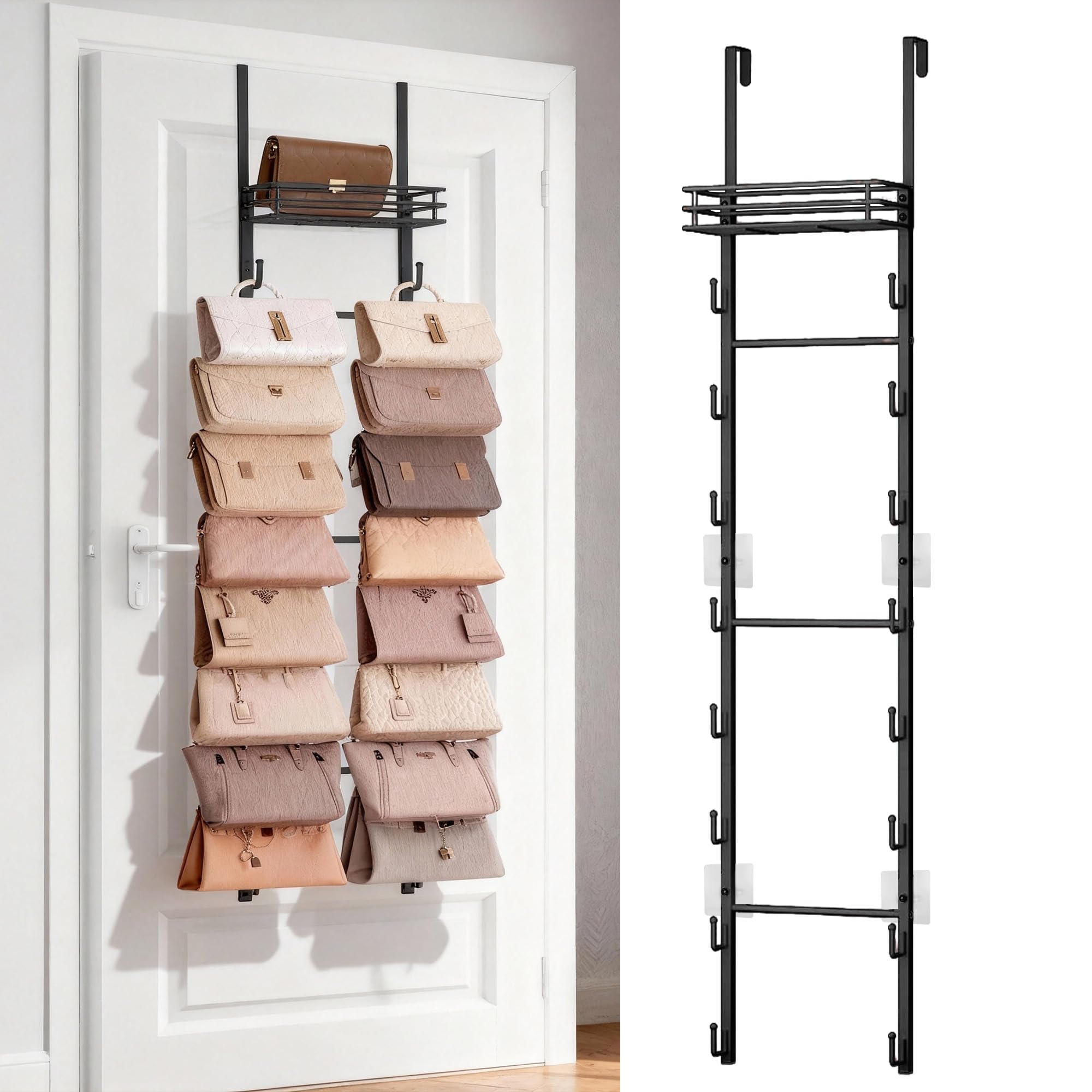 Rvggher Over the Door Purse Organizer with 16 Hooks and Storage Basket, Wall Mounted Handbag Organizer, Purse Organizer for Closet Holds up to 16 Bags
