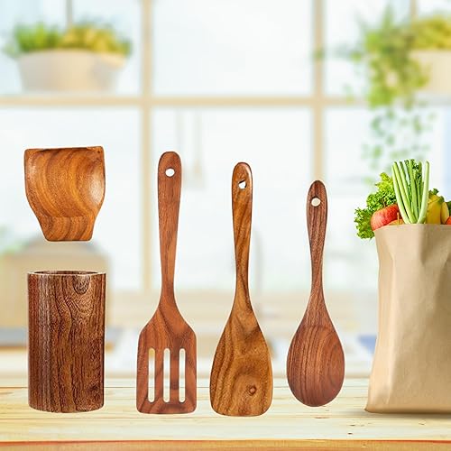 Cuchara de madera para cocinar, 5 piezas de espátula de madera de teca premium, juego de utensilios de cocina, antiadherente y no tóxico, espátula