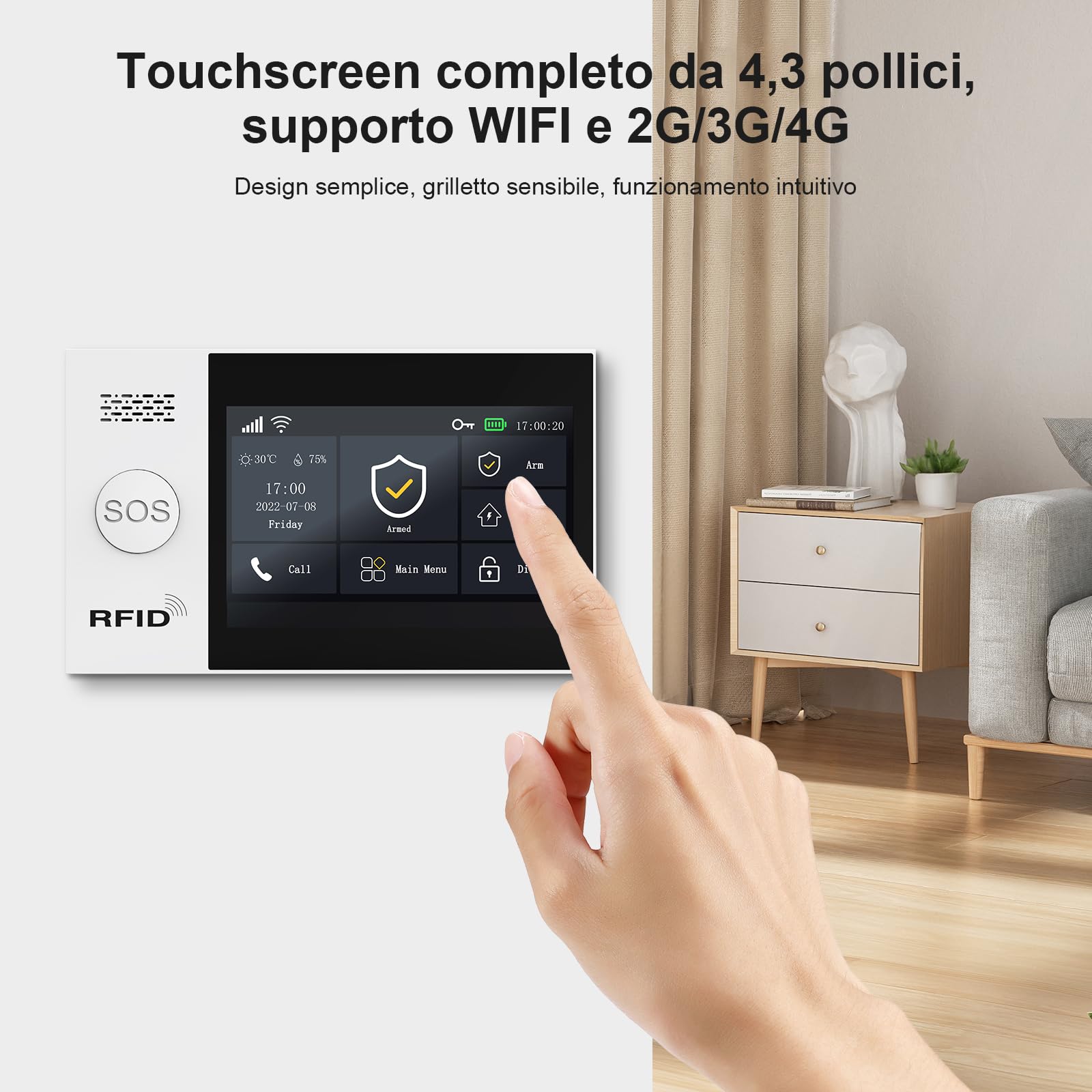 Sistema di allarme touch screen per la sicurezza di tutta la casa, kit di allarme domestico wireless Wi-Fi da 20 pezzi con sirena, sensore di movimento PIR, telecomandi, sensore per finestre/porte
