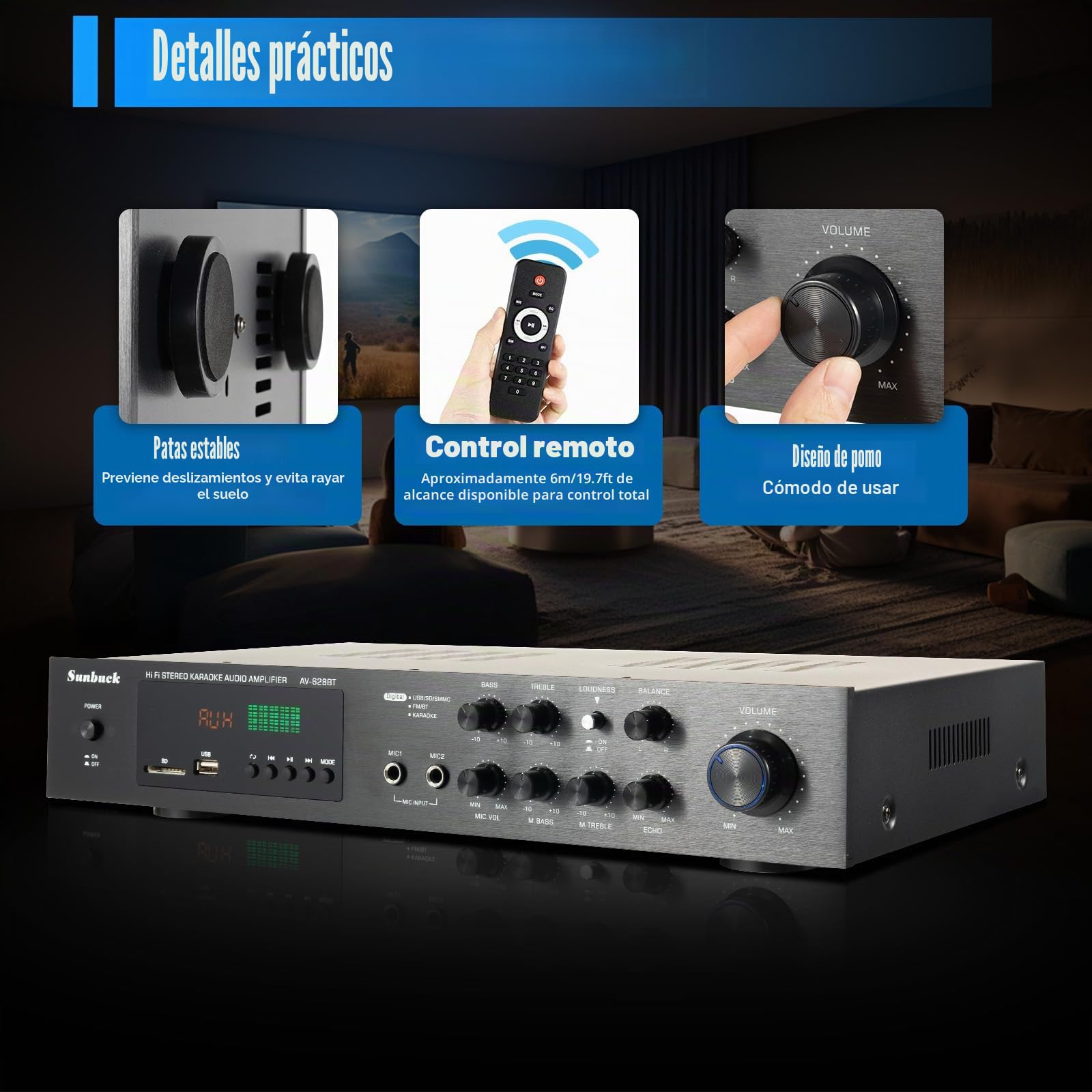 Amplificador Estéreo Digital de 5 Canales HiFi Bluetooth 600W FM/AM USB con Control Remoto