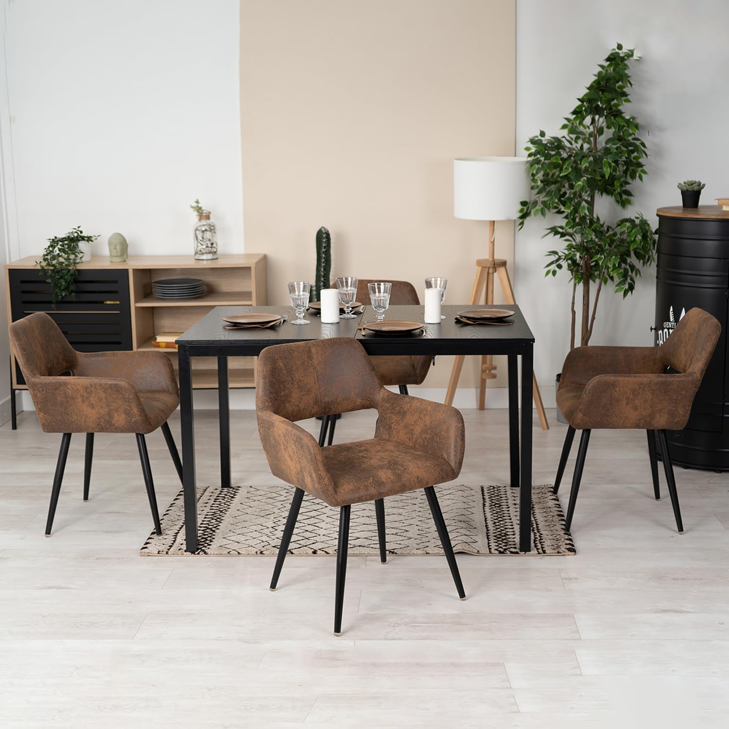 MEUBLE Cosy Juego de 2 Sillas de Comedor Vintage Retro Sillón Tapizado en Gamuza con Reposabrazos Patas Metálicas para Cocina Salón