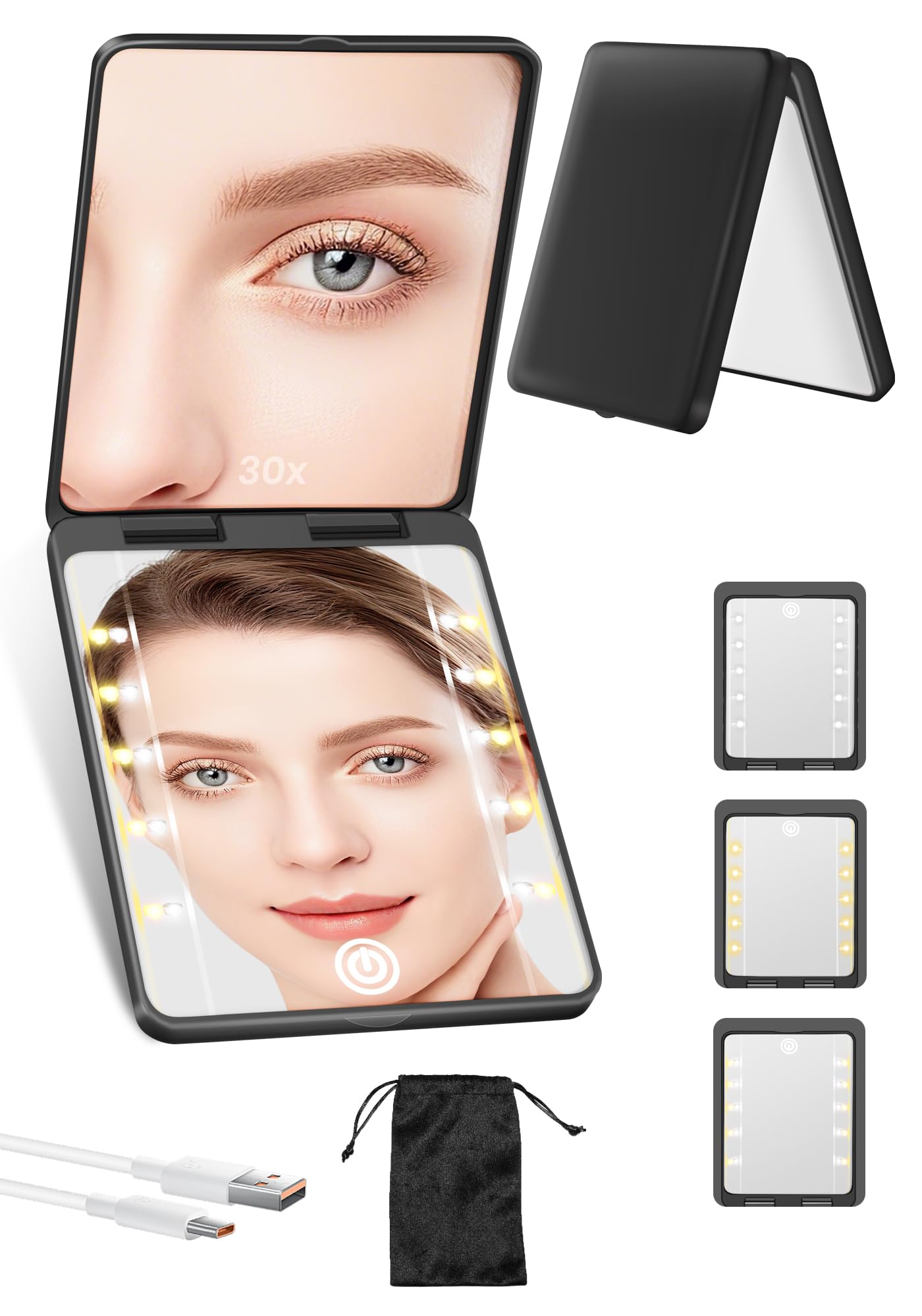 Compact Mirror, Rechargeable 30X Magnifying Mirror with 3 Lighting Modes & Dimmable Brightness, Portable Travel Makeup Mirror with Light, Essentials for Travel, Pocket, Purse, Gifts for Women Black