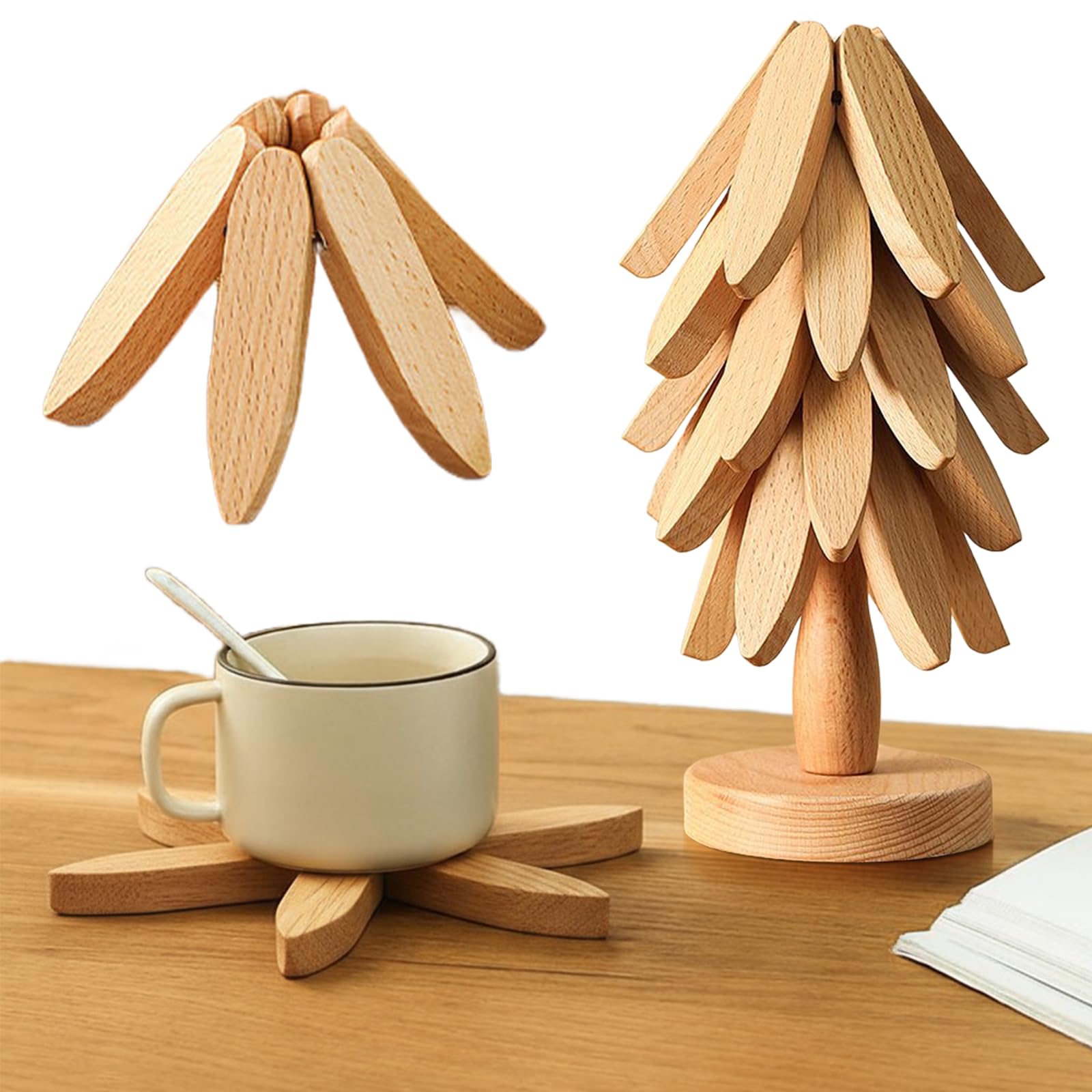 Speproeco 5 Trivets - Wood Color Wooden Tree Trivet Set, Tree Shape Trivets For Hot Dishes, Wood Coasters For Christmas Kitchen Decor, Foldable Kitchen Wooden Trivets For Hot Pots And Pans