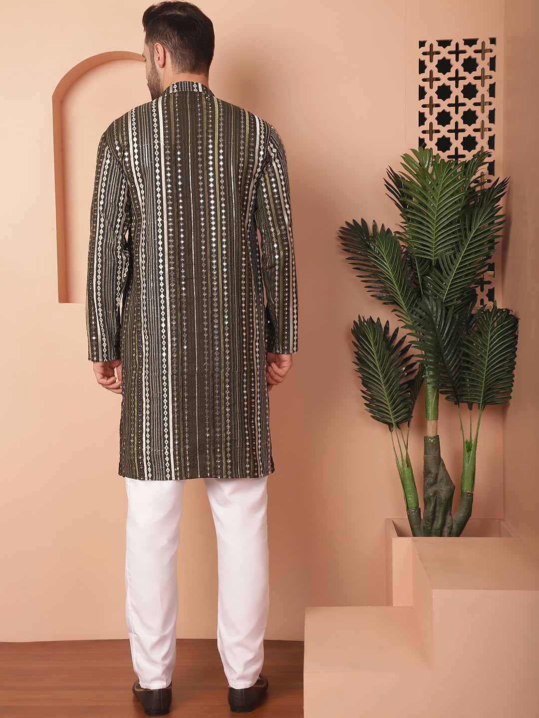 Jompers Men's Mehndi Mirror Work Kurta With Pyjama (Mehndi, L)