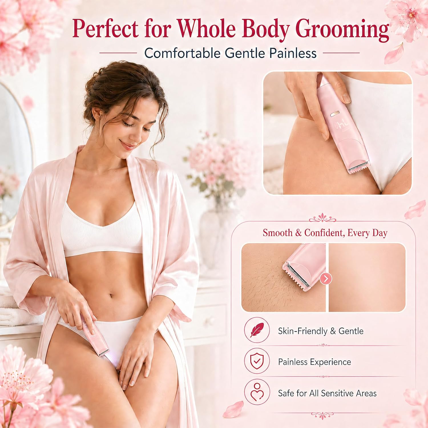 IWR Bikini Trimmer for Women 2 in 1 Dual Head Electric Razors for Women Painless Hair Removal Cordless Rechargeable Bikini Shaver for Bikini Line Legs Underarms Body Face (Pink)