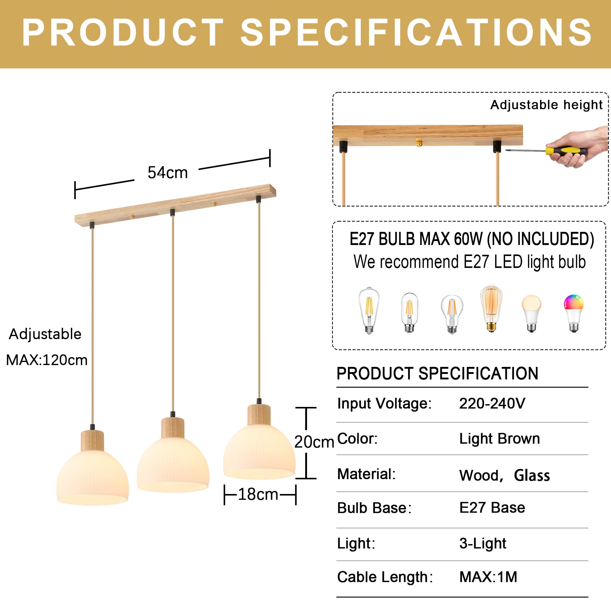 3 LumièRes Suspension Luminaire,Bois Et Verre Blanc Lustre Salon E27 Cuisine Lampe Hauteur RéGlable Vintage Luminaires IntéRieur Pour Chambre Deco