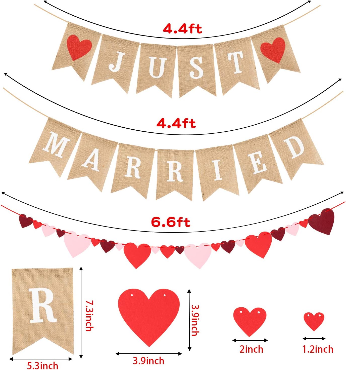 WATINC 3pcs Just Married Burlap Banner, Red Heart Felt Bunting Garland for Valentine’s Day Wedding Party Decor, Bachelorette Bridal Shower Party Supplies, Anniversary Valentine’s Day Photo Background