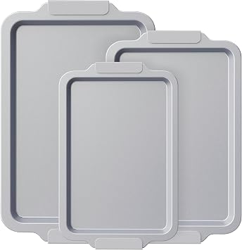 BRONYPRO Non Stick Ceramic Baking Sheet Pan Set of 3, Non Toxic Cookie Sheets PFOA/PTFE Free, Aluminized Steel Oven Trays with Silicone Handles, Rust-Resistant, Warp-Resistant to 500F, Light Gray
