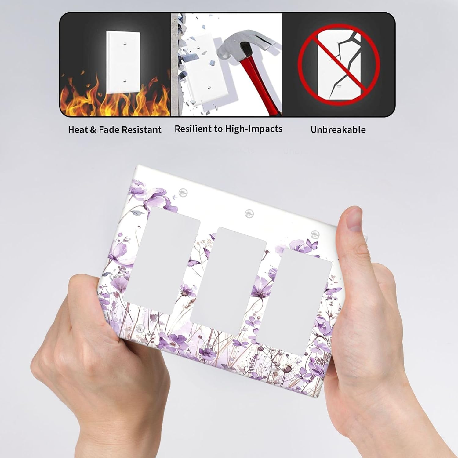 Outlet Covers Boho Watercolor Purple Wildflower Triple Rocker Light Switch Covers Decorative Lavender Floral Butterfly 3-Gang Wall Plate Electrical Switchplate Faceplate for Country Home Decor image 5