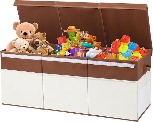 FIIOEOY Extra Large Toy Storage Box with Lid, Collapsible Sturdy Kids Toy Chest with Divider & Mesh Pockets, Toy Storage Organizer Bin for Nursery, Playroom, Bedroom, 40”x14”x16”, White & Brown