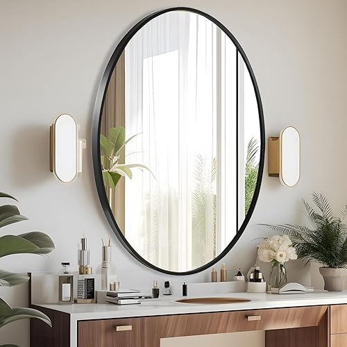 Miniatura 9 de Espejo de pared ovalado, espejo ovalado negro de 24 x 36 pulgadas, espejo de baño con marco de metal, espejo decorativo de pared para el hogar,