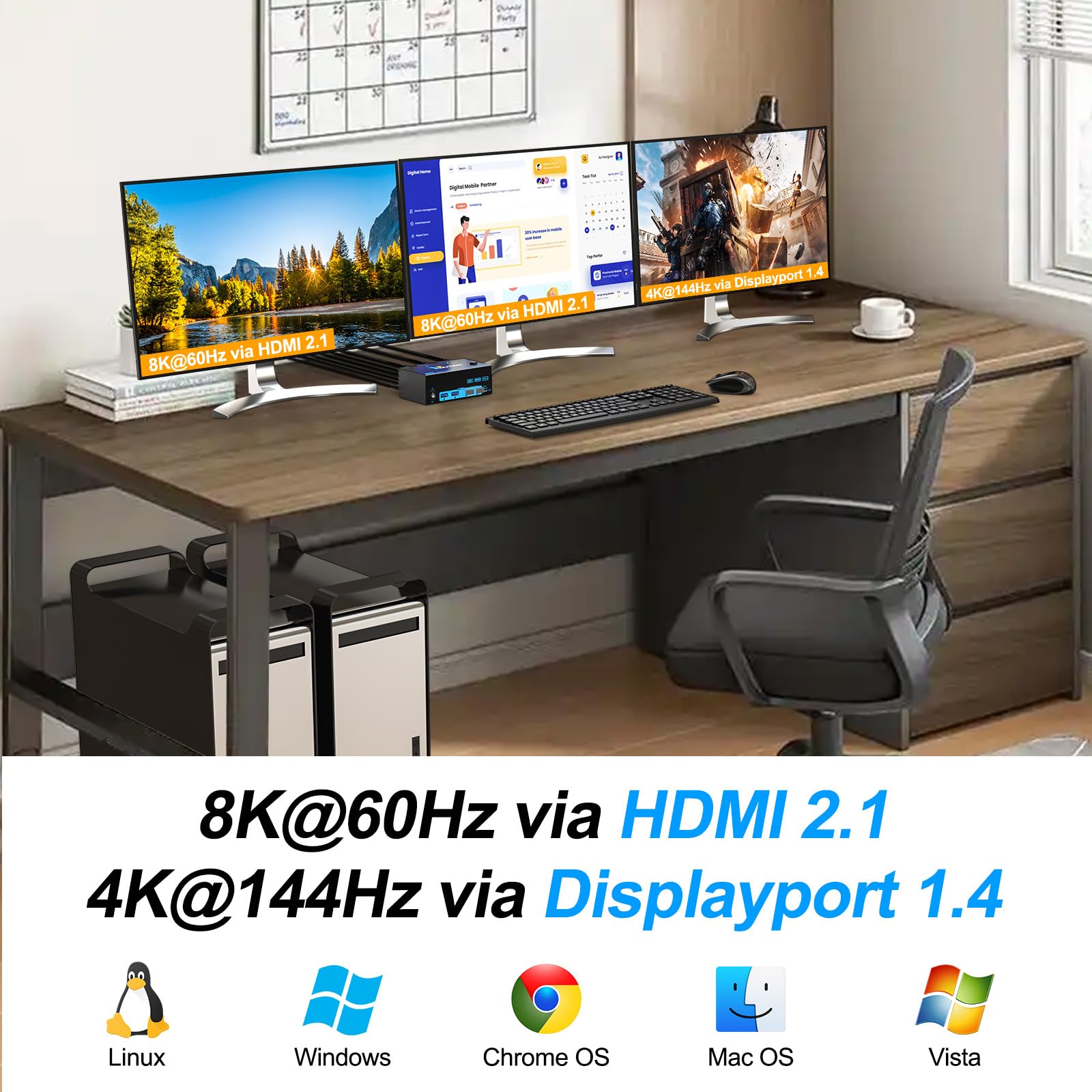 KVM Switch 2 PC 3 monitory DP HDMI, KVM Switch Triple Monitory | 4K @ 144 Hz, 8K 60 Hz, USB 3.0, 5 Gbps, do 2 PC Części myszy, klawiatury, przewodowy pilot