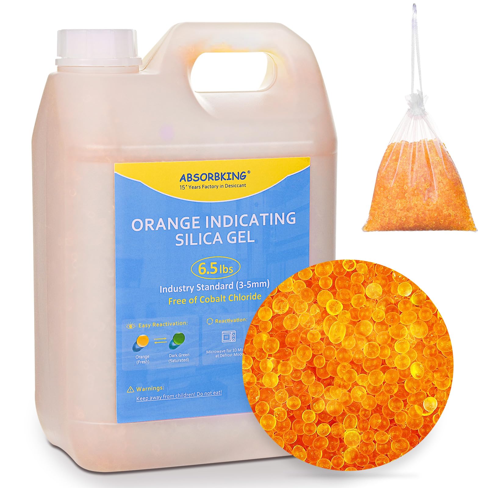 Absorbking Desecante – Cuentas desecantes de 6.5 libras con estándar de la industria de 3 a 5 mm, gel de sílice indicador naranja premium, cuentas de gel de sílice recargables utilizadas para