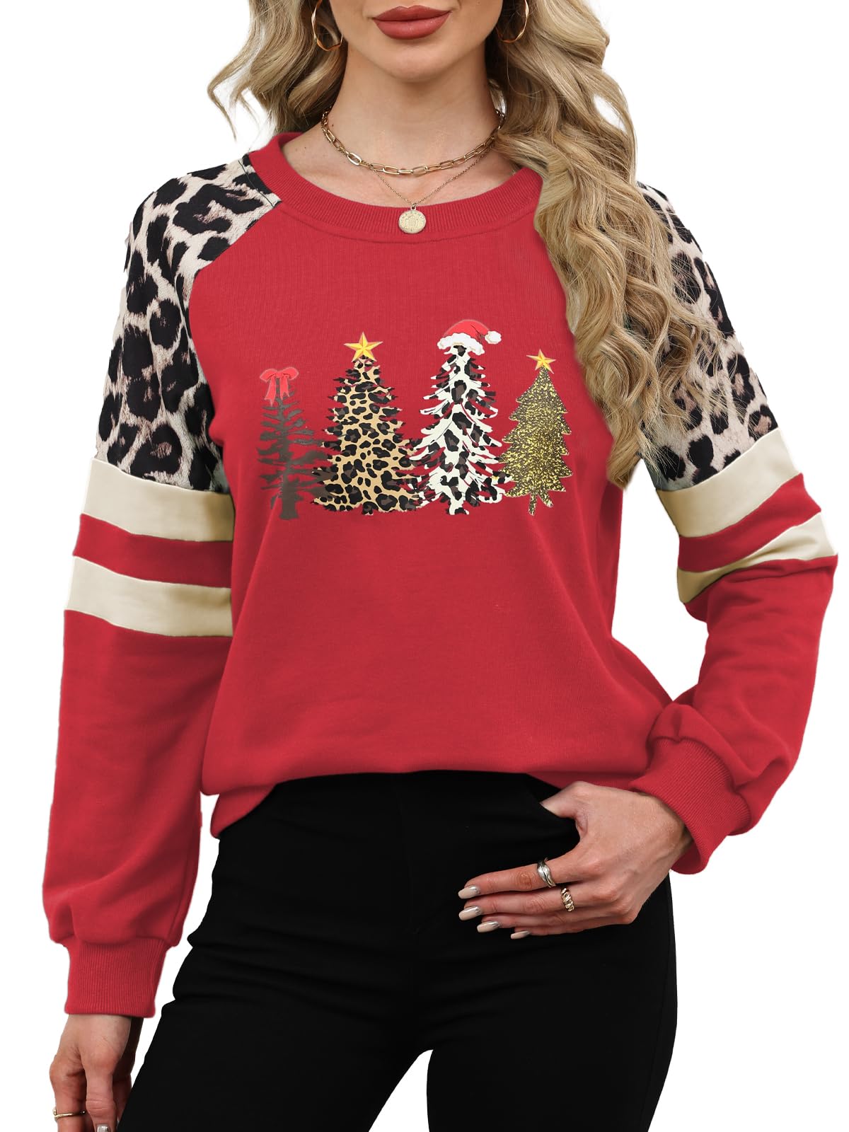 Quatrefox Sweatshirt Damen Baumwolle Leopard Shirt Langarm Tshirt Frauen Oberteile Lässige Baumwolle Rundhals Farbblock Leicht Tunika für Herbst Frühling Winter