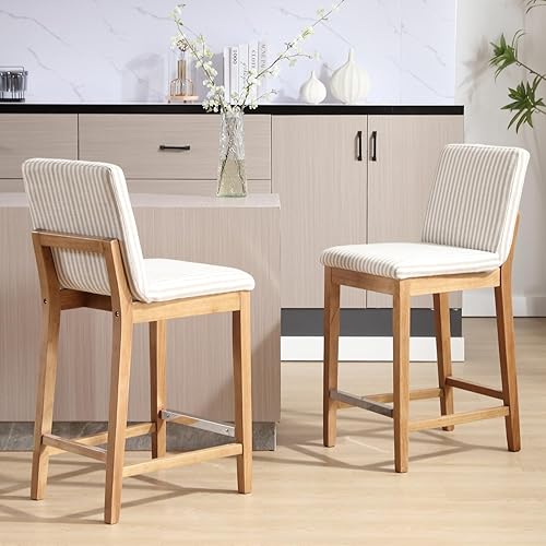 Miniatura 5 de chairus Juego de 2 taburetes de bar altos de tela, taburetes de bar tapizados de lino con patas de madera maciza y respaldo para cocina, isla de