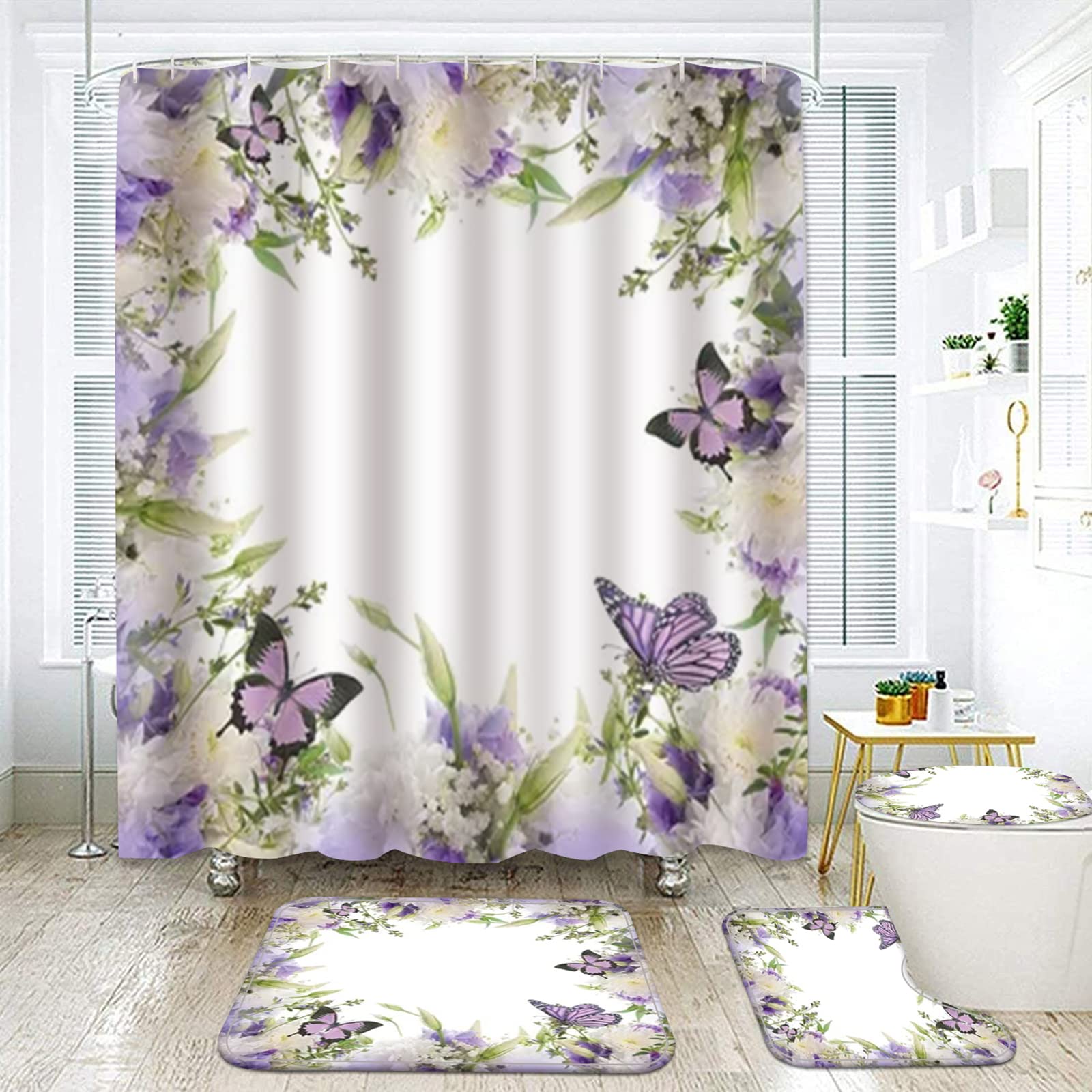NEWSUYAA 4 Pcs/Set Flowers and Butterflies Shower Curtain with Bath Rugs Bathroom Accessory Sets,Yellow Floral Butterfly Bathtub Curtains Area Rug Mats Toilet Lid Cover Hooks Mats Decor (Violet)