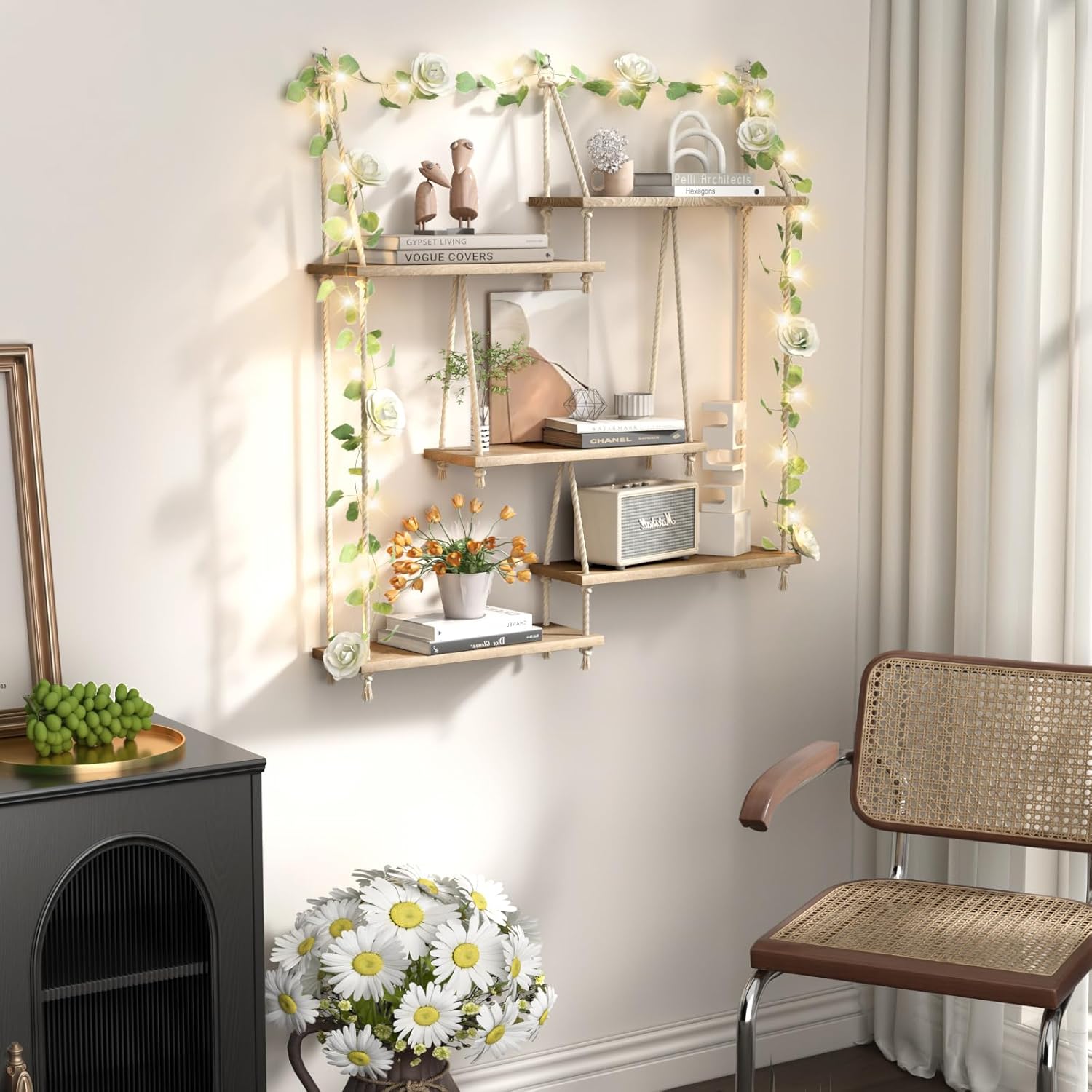 Hanging Shelves for Wall 5 Tier Macrame Rope Floating Shelves with Vine Lights Boho Wall Mounted Decor Wood Organizer Storage Rack for Bedroom, Bathroom, Kitchen