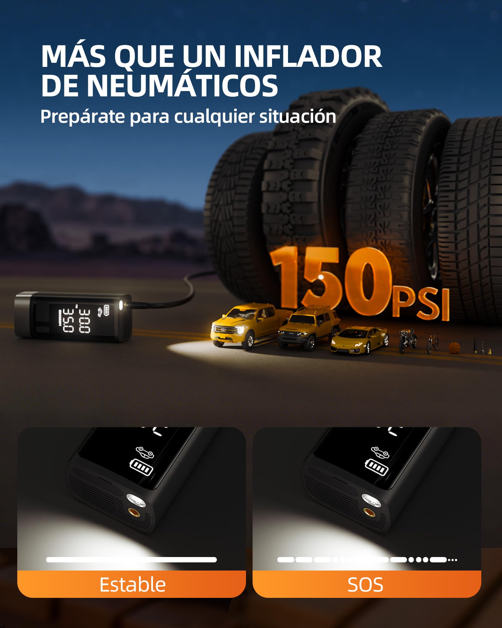 Compresor Aire Portátil, Inflador Ruedas Coche 10,3Bar, Bomba De Aire Multifuncional Con Motor Bicilíndrico, Kit De Emergencia Para Vehículos Grandes, Pickups, Motos. Con Iluminación LED