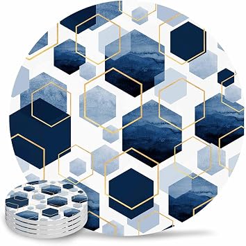 Blue Geometric Drink Coasters Set of 4,Modern Abstract Marble Art Absorbent Round Ceramic Coasters for Desk,Golden Hexagon Striped Cup Mats for Home Kitchen Office Party Bar Table Decoration Supplies
