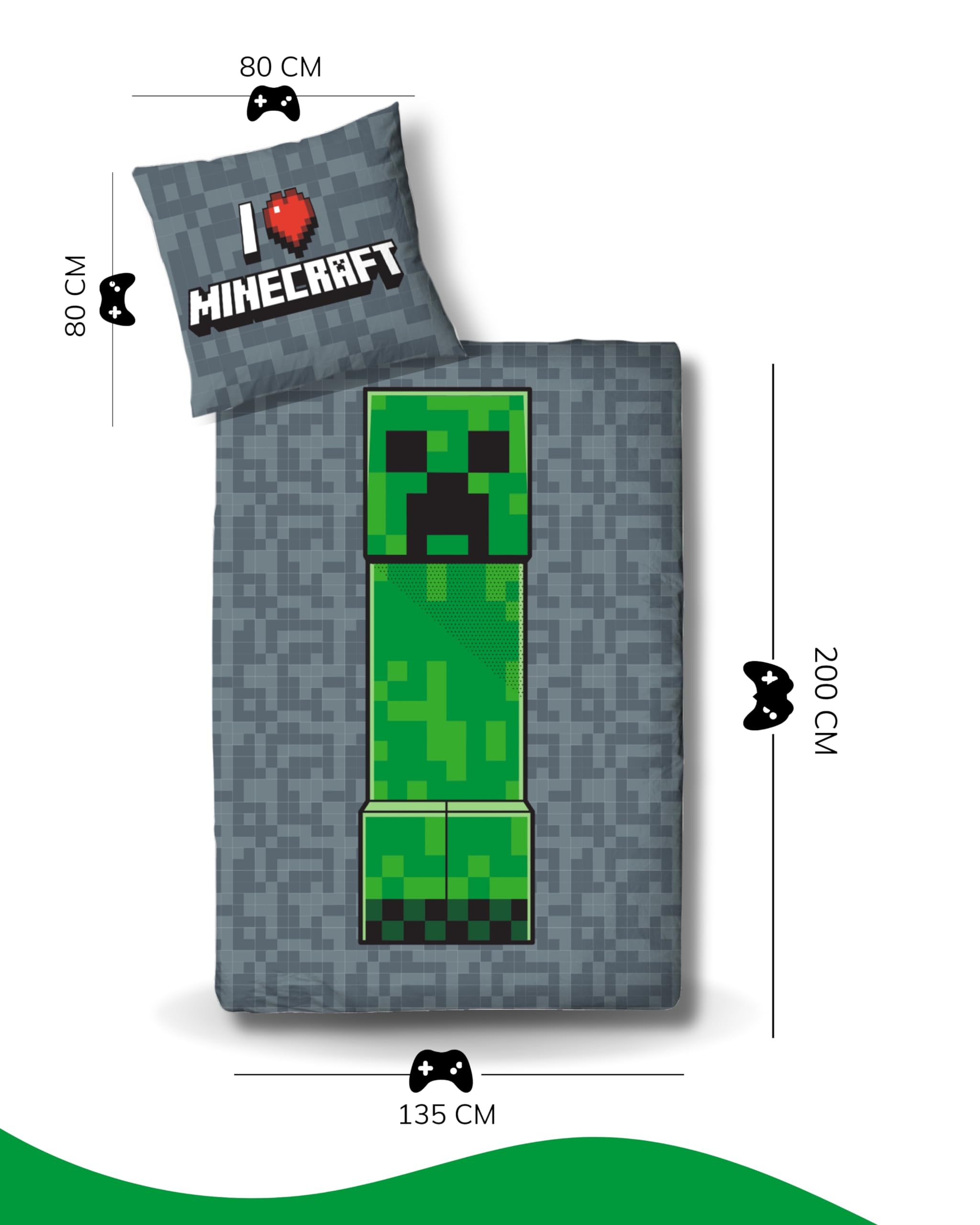 Bettwäsche 135x200 Flanell, Biber, Minecraft, kuschelig weich für Winter, 1x Kissenbezug 80x80 + Bettbezug 135x200, 100% Baumwolle, Kinderbettwäsche Gaming