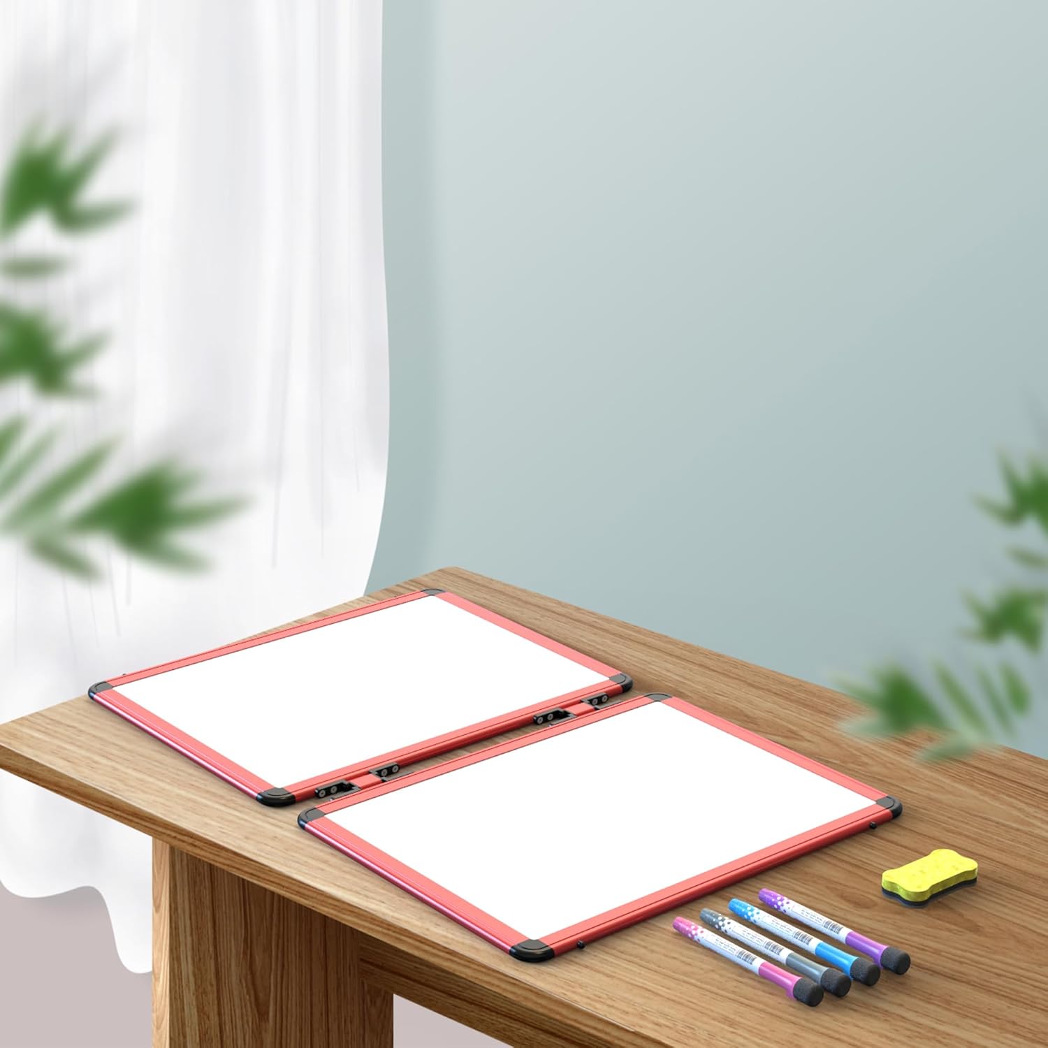 Dry Erase Board, 17x13 inch with 4 Sides Magnetic Whiteboard, A3 Foldable Small White Board with Lines, Perfect for Office, School, and Home. (Red)
