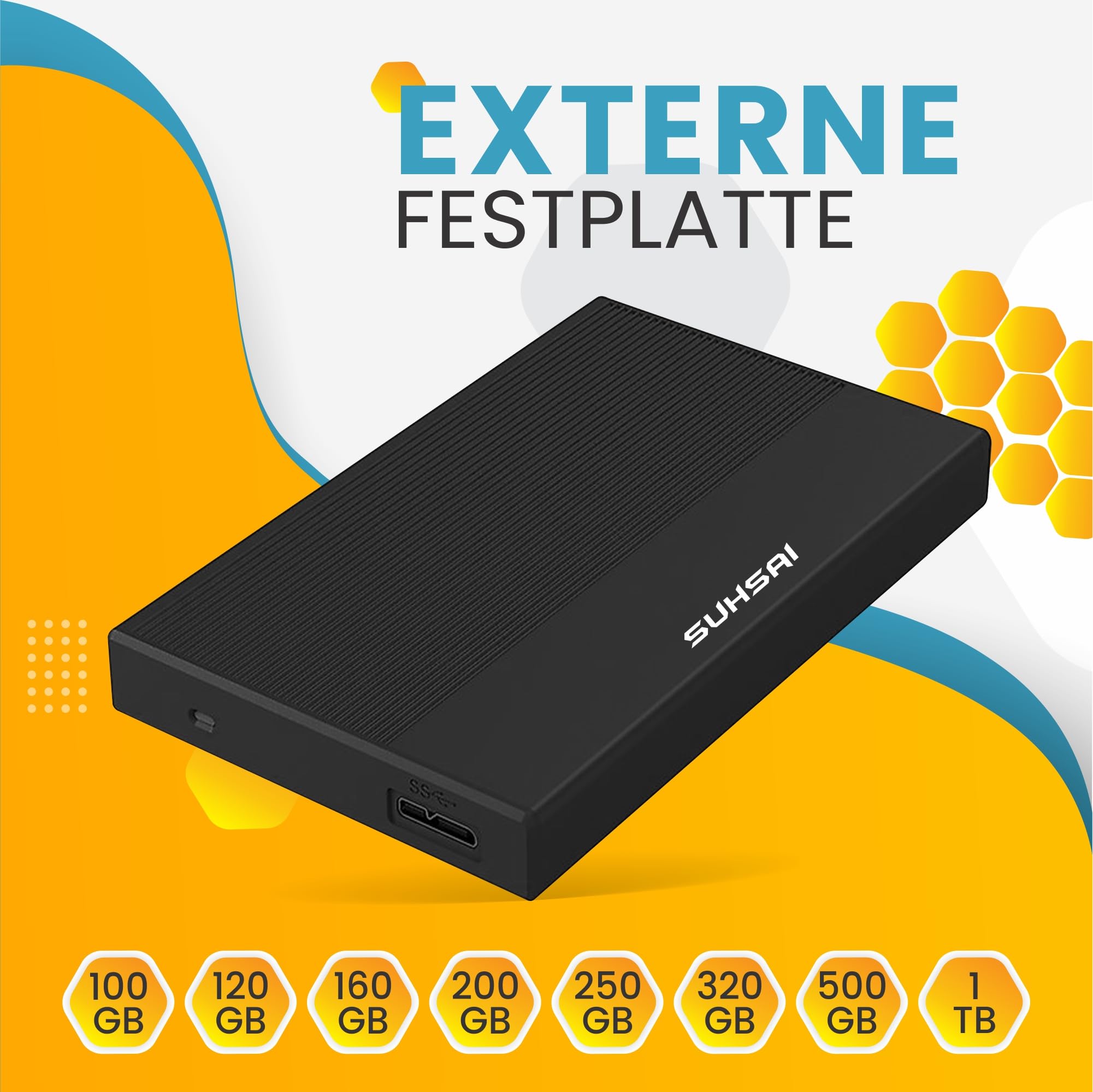 SUHSAI Externe Festplatte, 1 TB, Externe Festplatte, Backup-Laufwerk, USB 3.0, Hochgeschwindigkeits-Datenübertragungsfestplatte, kompatibel mit Mac, Laptop, Desktop-Spielekonsole (schwarz)