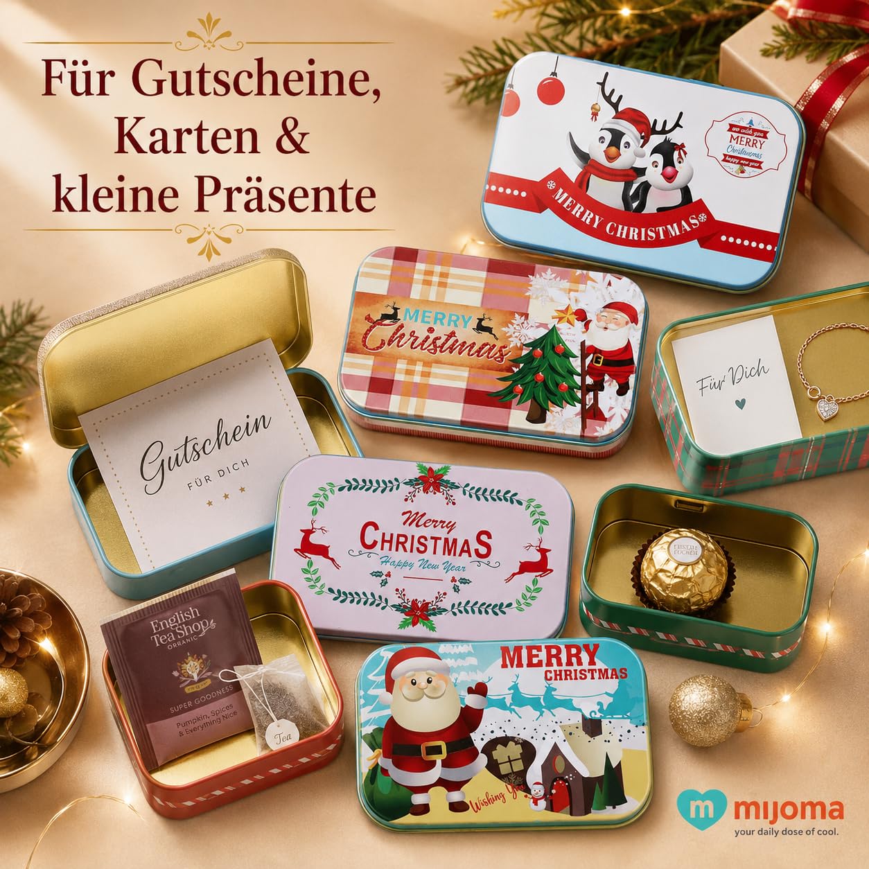 MIJOMA Set di 24 scatole di metallo natalizie, piccole scatole regalo per regali di denaro, buoni, cioccolatini e messaggi personali, confezione regalo nostalgica con coperchio ribaltabile