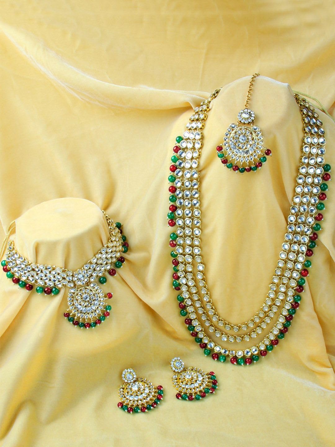 DMZ-3992 - Juego de collar y aretes de novia chapados en oro de 18 quilates con cuentas Kundan, S, Latón