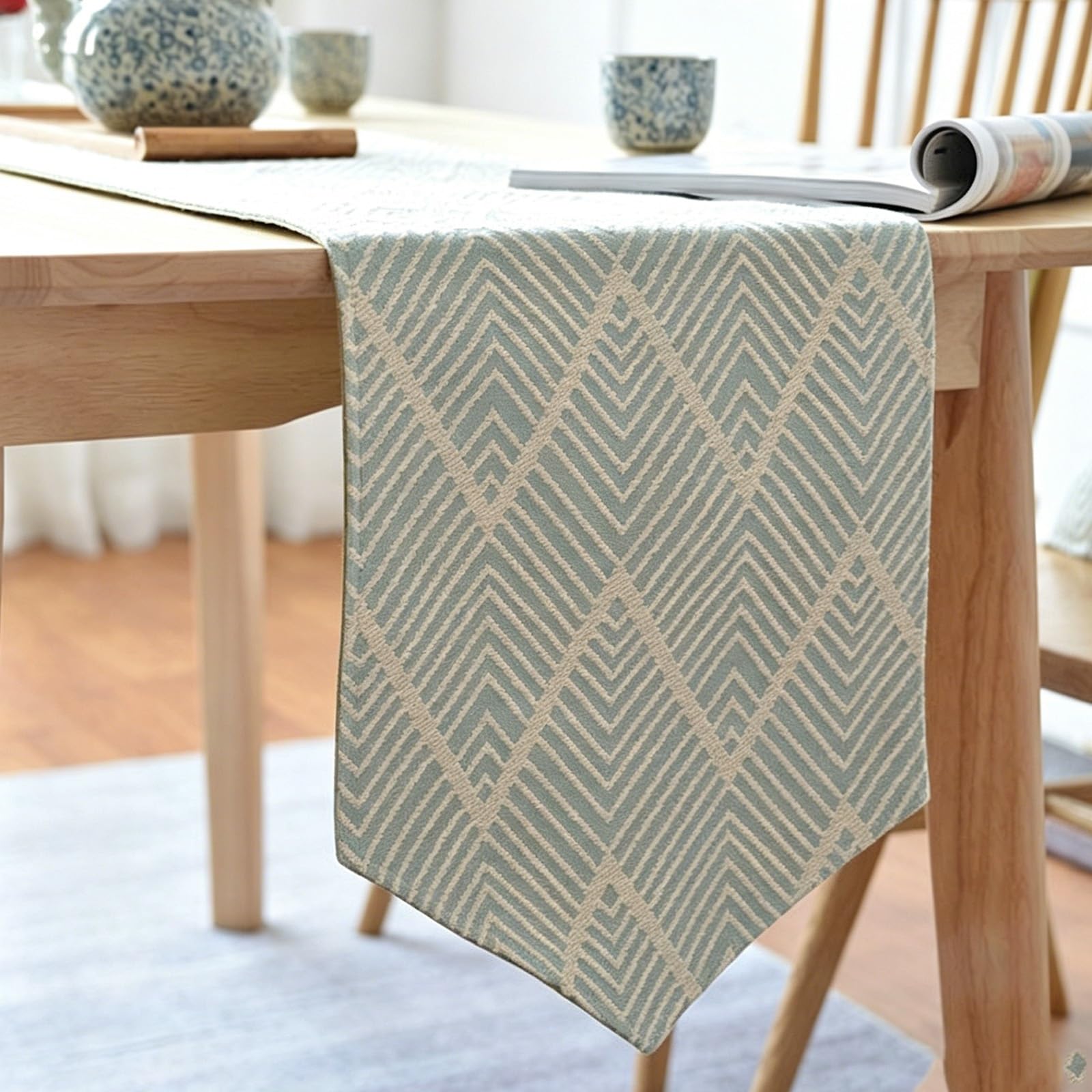 Modern Minimalist New Chinese-Style Table Runner, Geometric Jacquard Table Runner Suitable for Dining Tables, Pianos and Shoe Cabinets(Light green,160cm/62.9in)