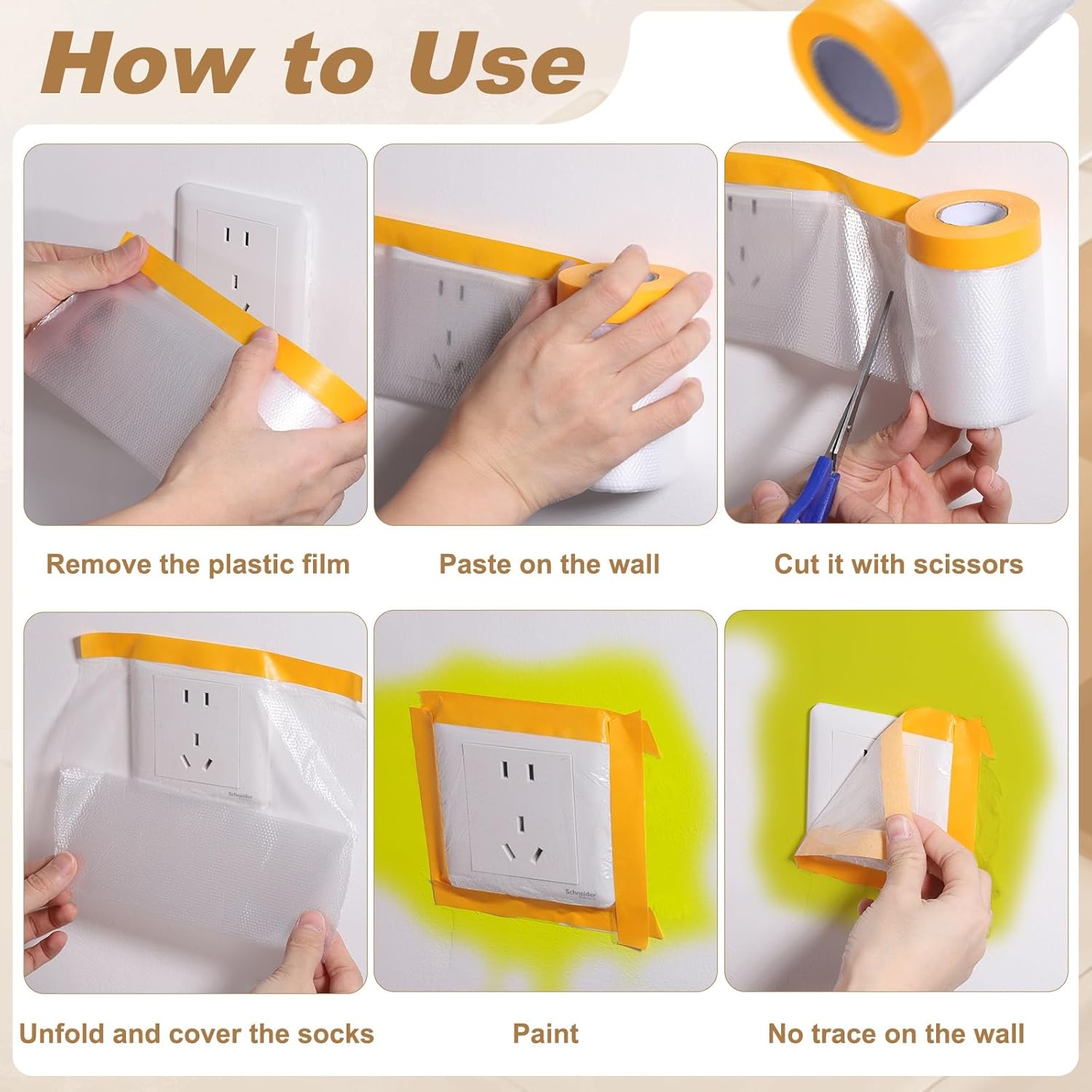 HARFINGTON 3pcs Pre-Taped Masking Film 177.2" x65ft Adhesive Tape and Drape Painters Plastic Drop Cloth Film with Tape Plastic Sheeting for Automotive Painting Covering, Clear