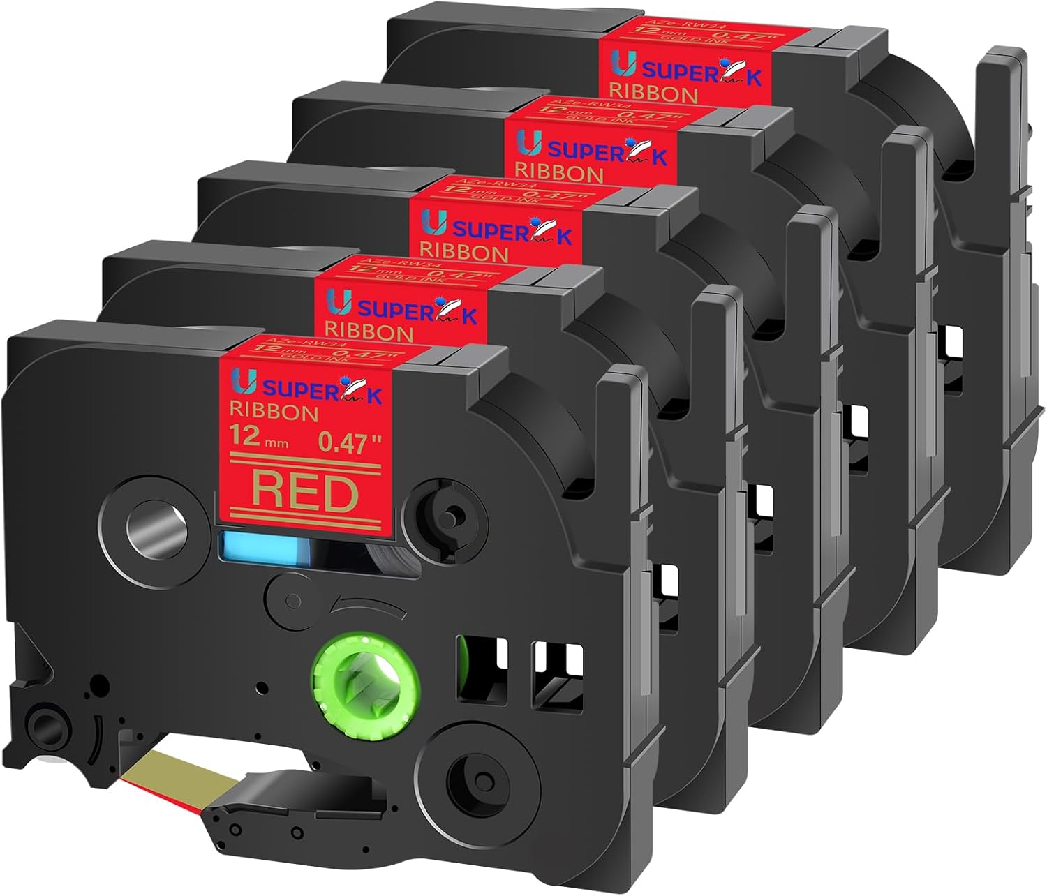 USUPERINK 5PK 12mm 0.47 Red Satin Ribbon Tape Compatible for Brother P-Touch Label Tape TZe-RW34 TZ-RW34 12mm 0.47'' Gold on Red Embellish Fabric Label for Ptouch Label Maker PT-D210 D215e D220 D400