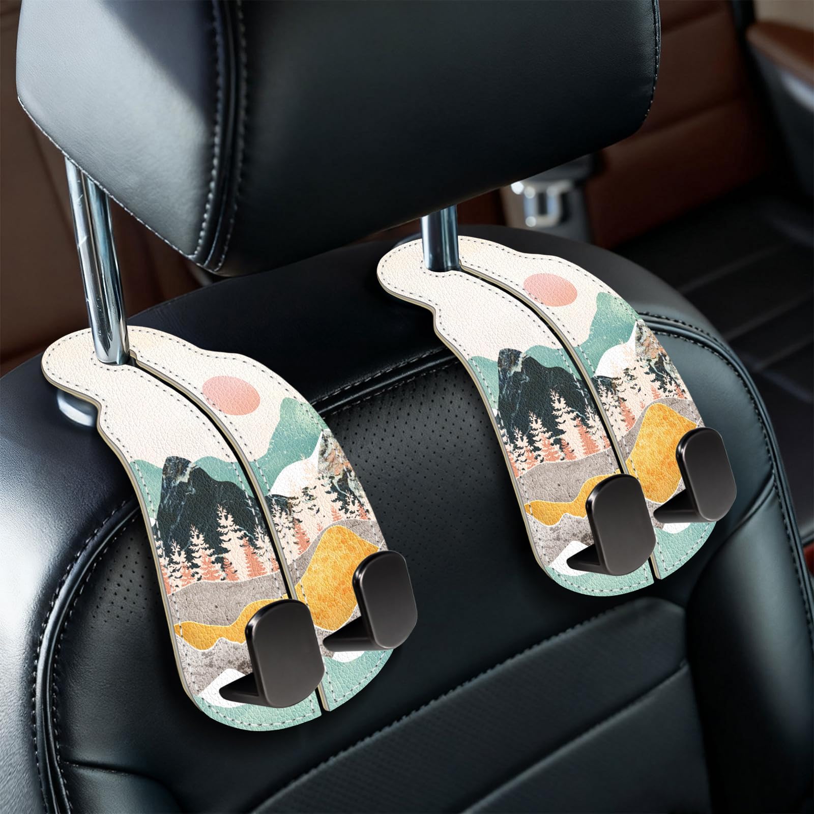 Blusabaca 2PCS Car Seat Back Storage Headrest Hooks, Sunrise Purse Holder Bags Hanger, PU Leather Double Metal Hook for Backseat Organizer, Women Car