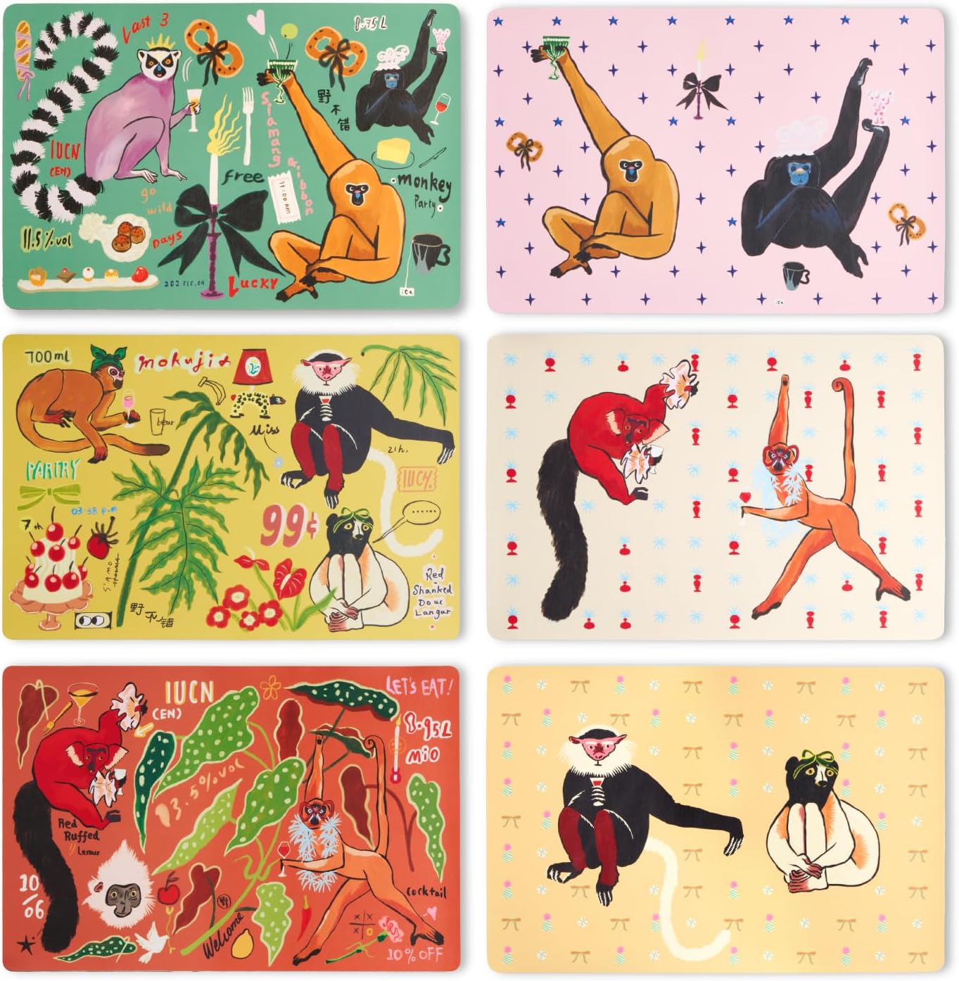 SAMCAM Artistic Faux Leather Placemats Set of 6, Waterproof Heat-Resistant Table Mats for Dining Coffee Office & Wall Art Decor, Colorful 17.7" x 11.8", Monkey Themes