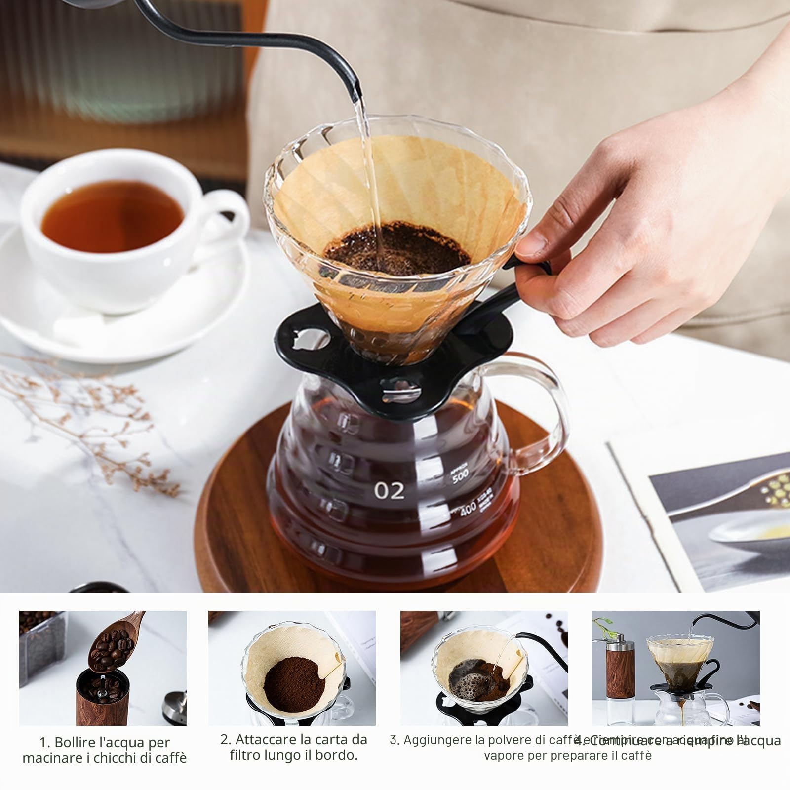 Set di Macinacaffè Manuali da 7 Pezzi,Versare sopra la caffettiera con set di bollitore,Macinacaffe Portatile Professionale,Grado di Rettifica Regolabile,Per l'ufficio domestico (100 filtri)