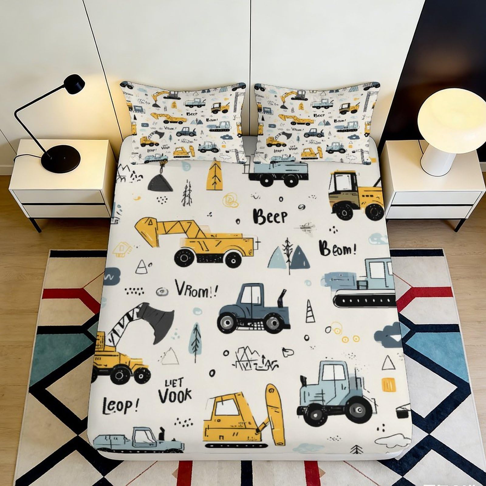 3D Printed Construction Vehicles Fitted Sheet Microfiber Soft Anti-Slip Cartoon Truck Mattress Cover Bedroom Decor 90x200x25cm
