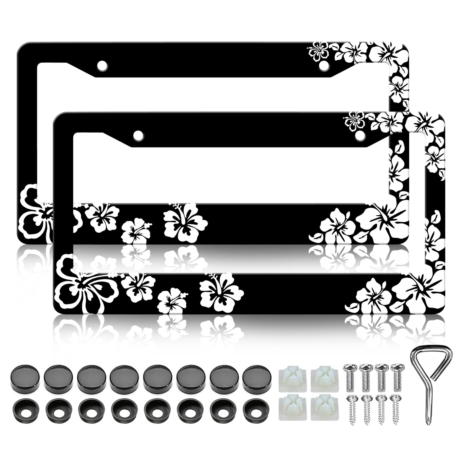 LIN KANG Hibiscus Flower License Plate Frames - 2 Pack Hawiian Tropical Floral Aluminum Metal License Plate Holder Covers,Rust-Proof Waterproof Car