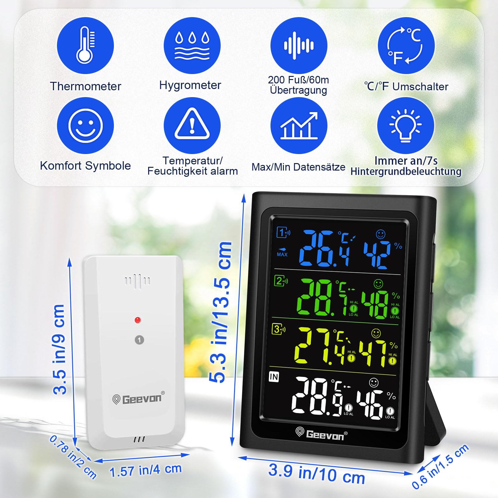 Geevon Termometro Interno Esterno con 3 Sensori a Distanza, Termometro Igrometro Digitale per Umidità, Misuratore di Temperatura e Umidità con Portata di 90M/300FT (Nero con Batteria)