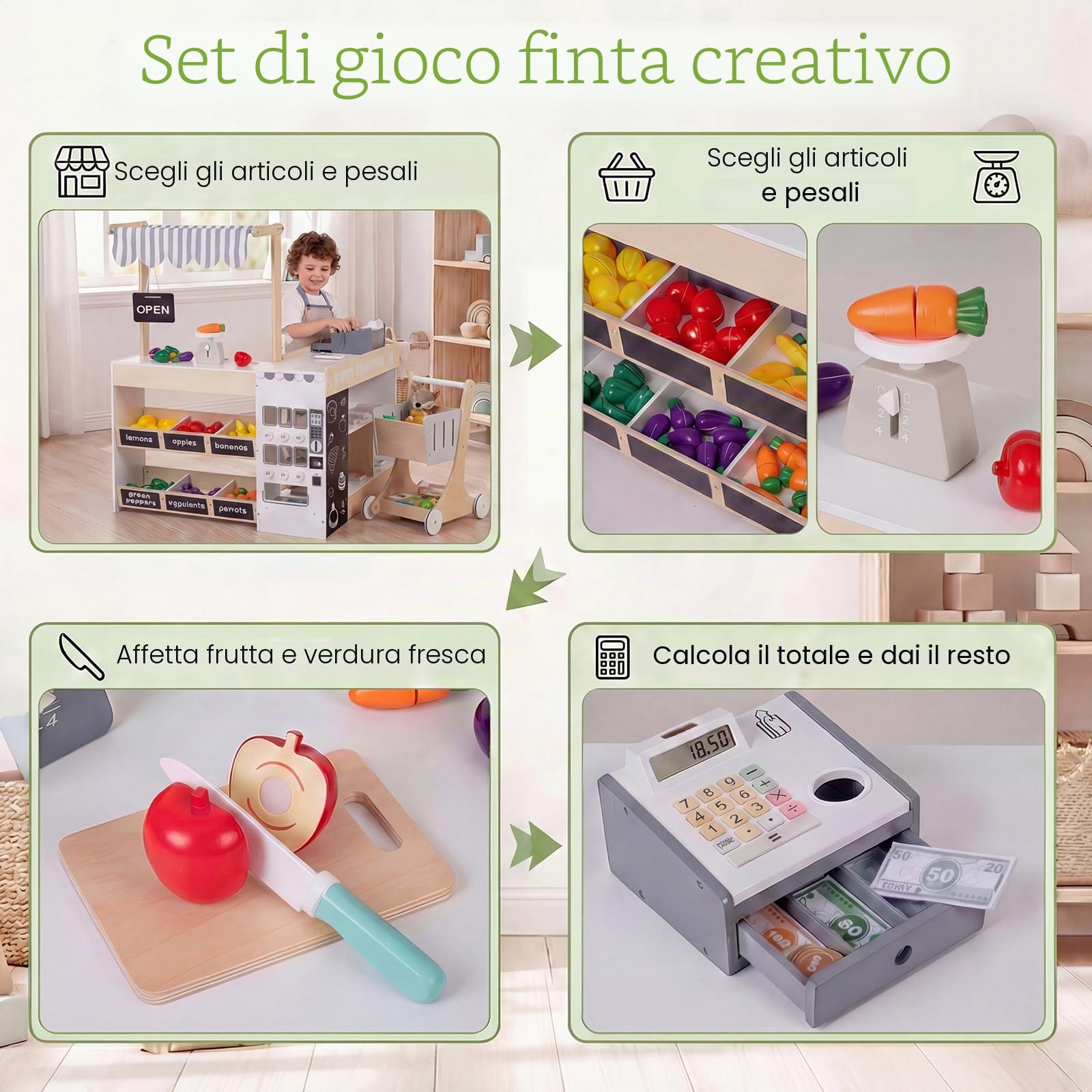 HOMASIS Negozio in Legno per Bambini, Supermercato Giocattolo con Registratore di Cassa, Lavagna, Carrello della Spesa, Distributore Automatico, Frutta e Verdura, Giocattolo per Bambini 3+ Anni
