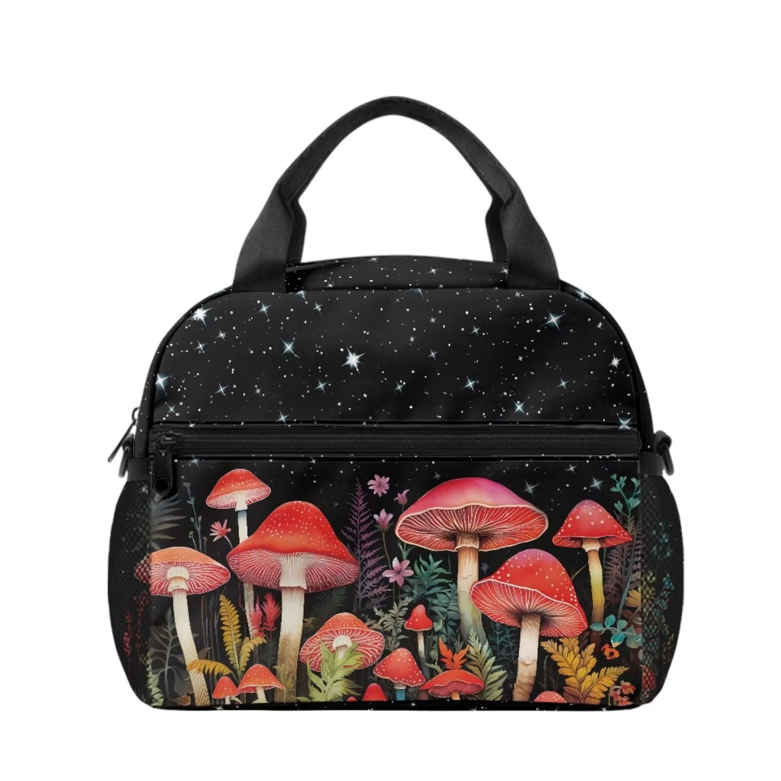 Lonchera reutilizable ideal para picnic y escuela con estampado de hojas y hongos.