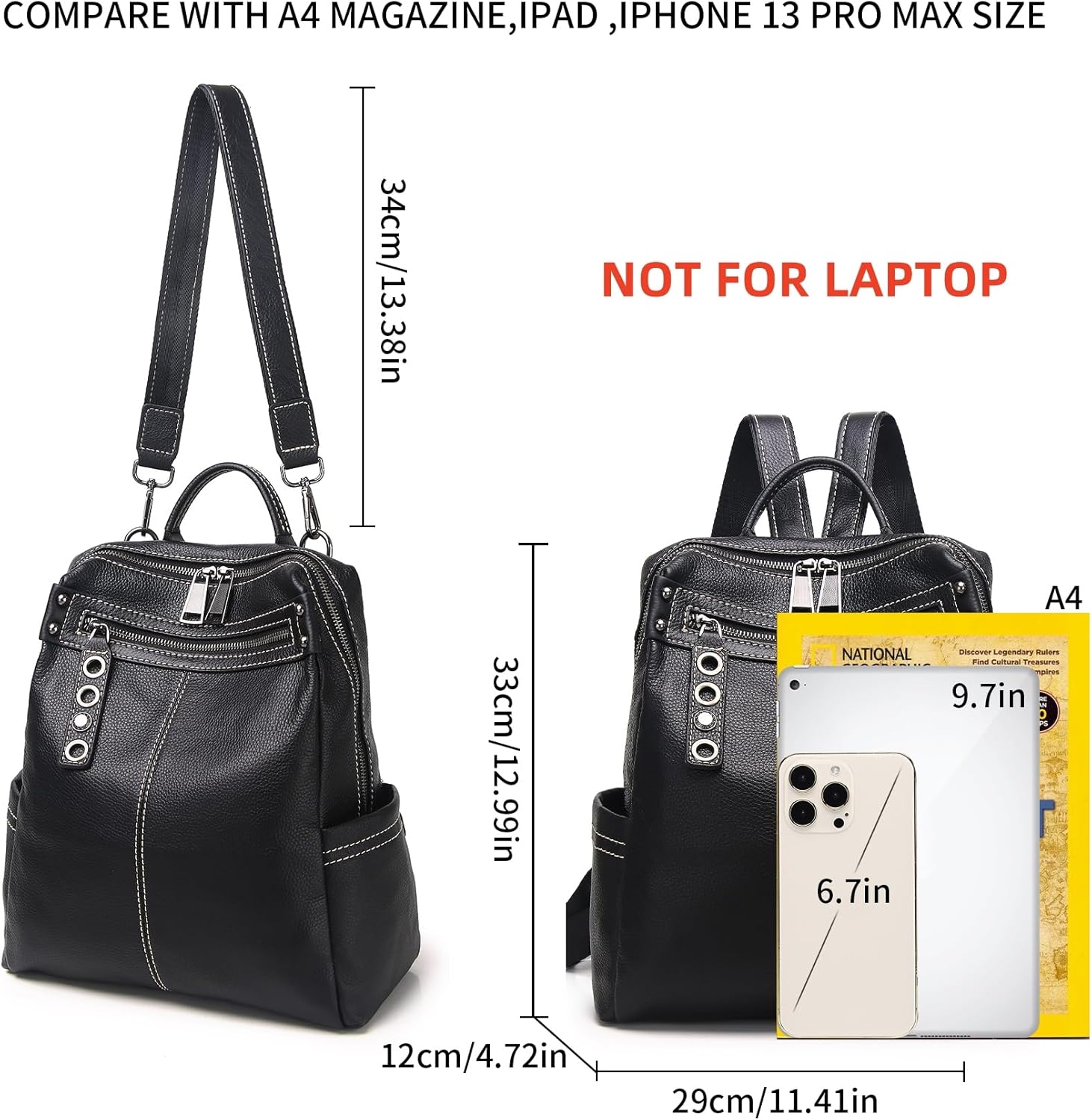 Genuine Leather Backpack Purse For Women Black Real Soft Leather Travel Fashion Designer Convertible Ladies Shoulder Bag - Image 5