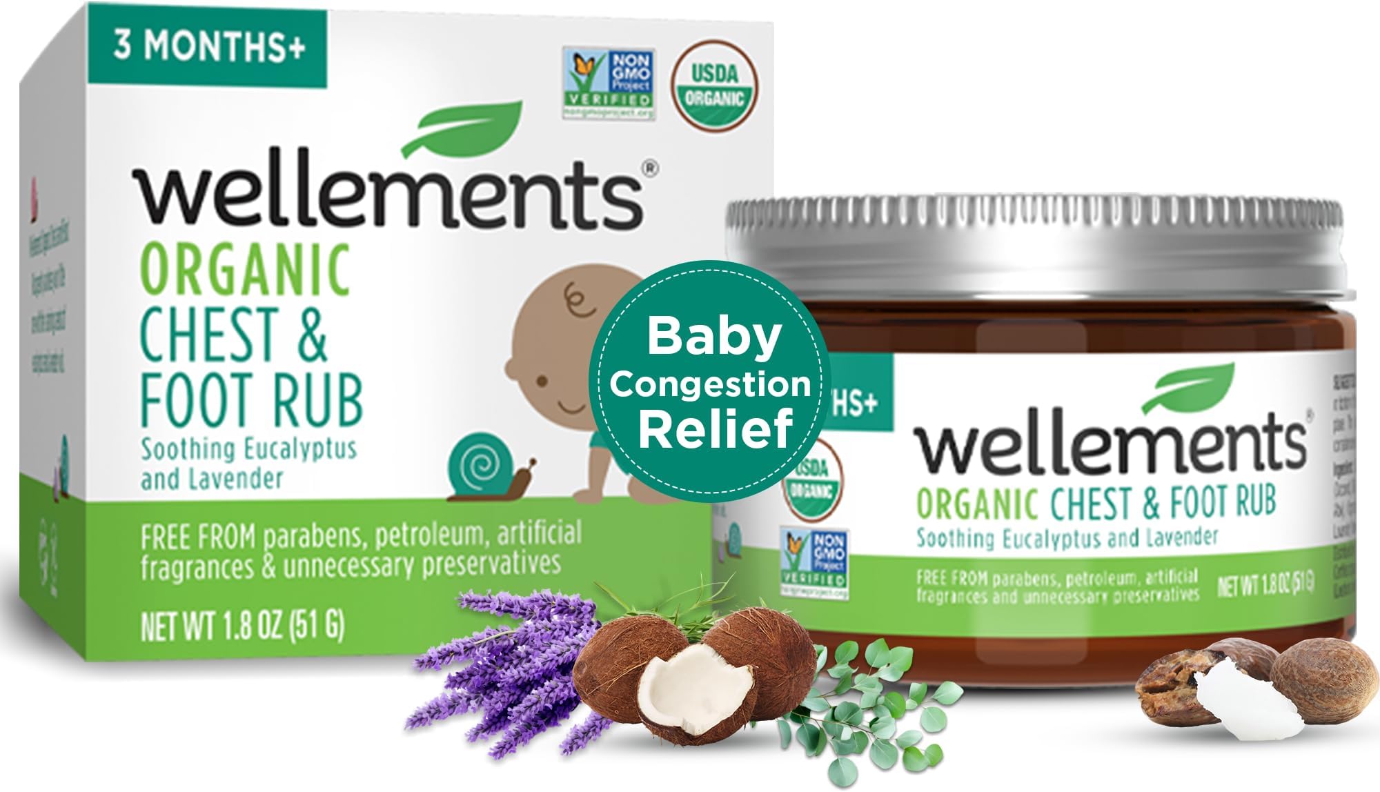 Wellements Organic Baby Chest & Foot Rub | Soothes & Comforts with Eucalyptus & Lavender, USDA Certified Organic, FREE FROM Dyes, Preservatives, Petroleum, Menthol & Parabens | 1.8 Fl Oz, 3 Months+