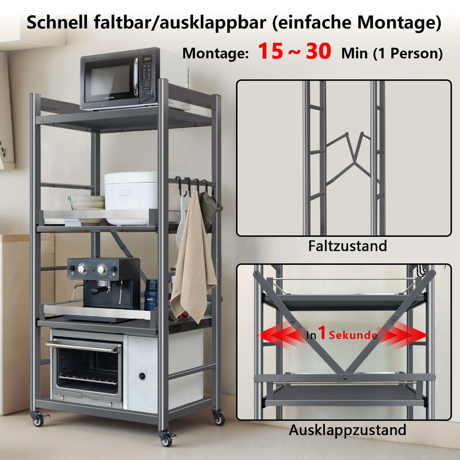 Standregal Küchenregal aus Kohlenstoffstahl, 200kg Tragkraft, 4 Ablagen Schmalregal mit Rollen & Arbeitsplatte, Stehendes Regal ohne Bohren für Küche, Wohnzimmer, Badezimmer, Breite 60cm