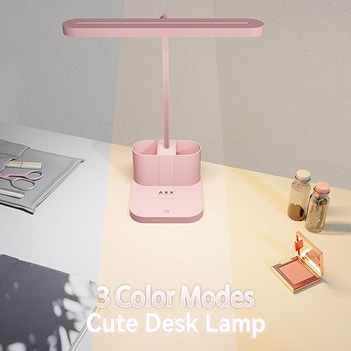 Miniatura 4 de AXX Lámpara de escritorio rosa para oficina en casa, lindas luces de mesa para dormitorios, kawaii, LED regulable, cuello de cisne flexible, soporte