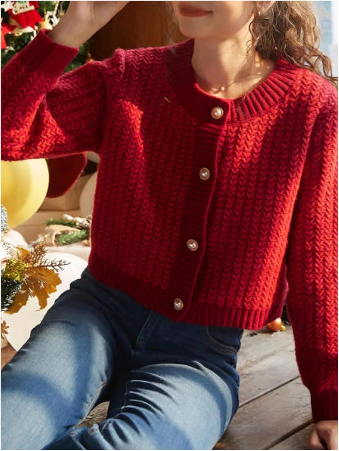 SweatyRocks Women's Cropped Cardigan Fall Long Sleeve Open Front Cardigans Button Down Knit Sweater - Image 4