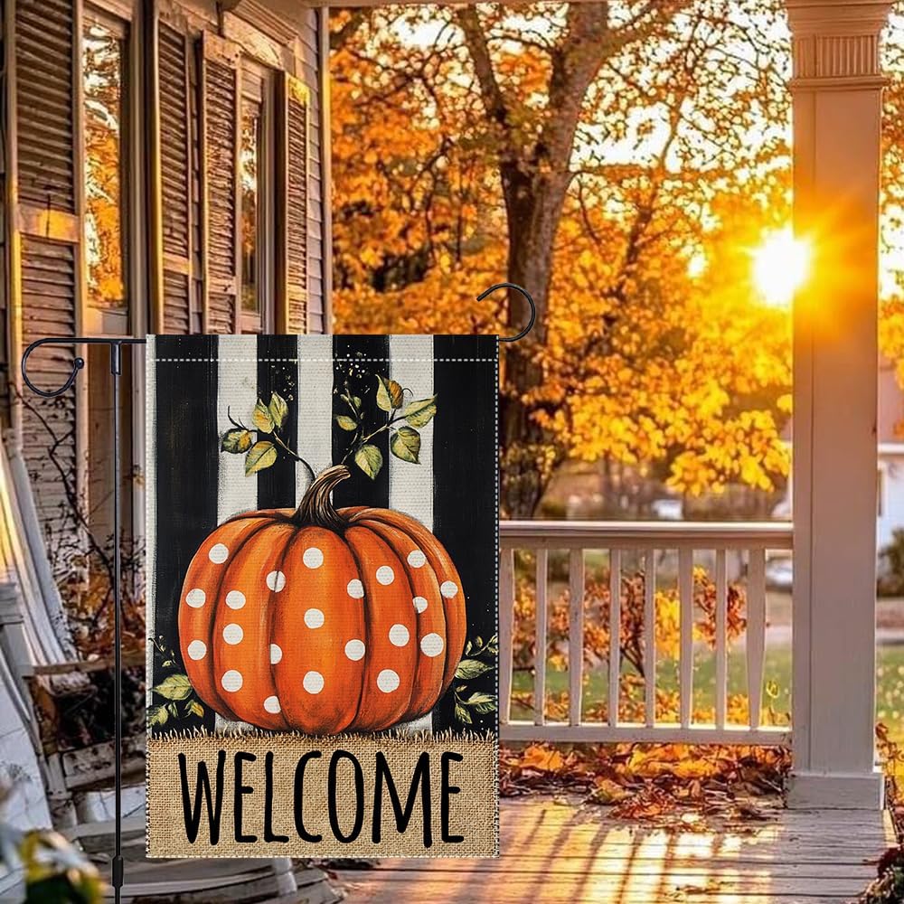 Welcome Fall Garden Flag Polka Dots Pumpkin Thanksgiving Garden Flags For Outside Burlap Decor, Double Sided Vertical Autumn Decor Patio Lawn Yard Outdoor Decoration 12x18 Inch - Image 9
