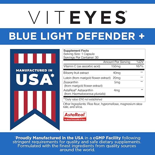 Miniatura 6 de Viteyes Blue Light Defender+ Cápsulas de suplemento, protección dietética de la luz azul dañina, 30 cápsulas